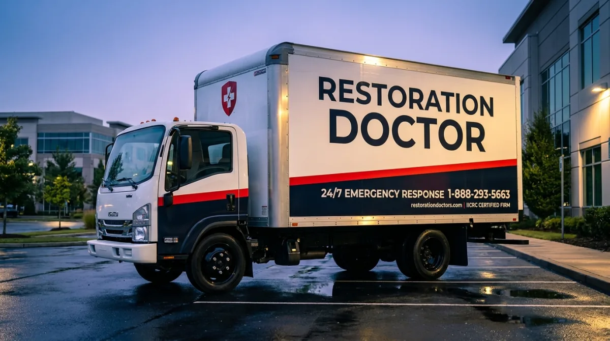 Restoration Doctor fleet rendering — a wrapped equipment box truck (brand illustration, not a photograph).