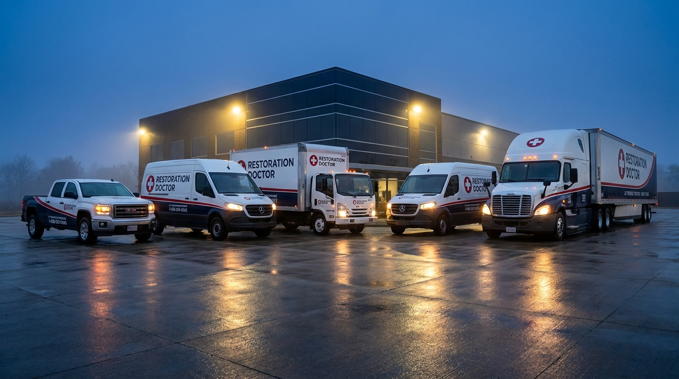 Restoration Doctor fleet rendering — a lineup of wrapped response vehicles staged for dispatch (brand illustration, not a photograph).