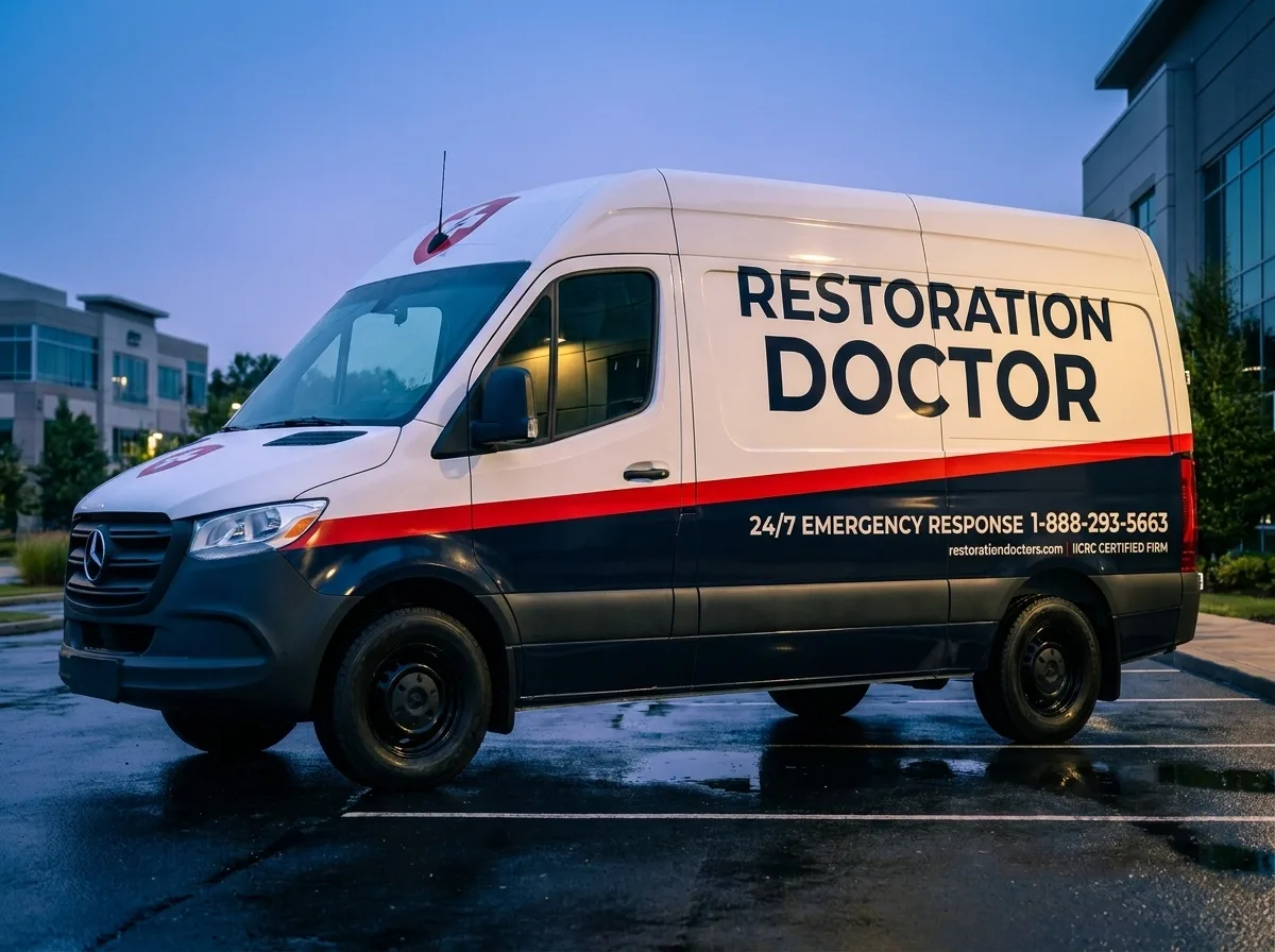 Restoration Doctor fleet rendering — a wrapped Sprinter rapid-response van (brand illustration, not a photograph).