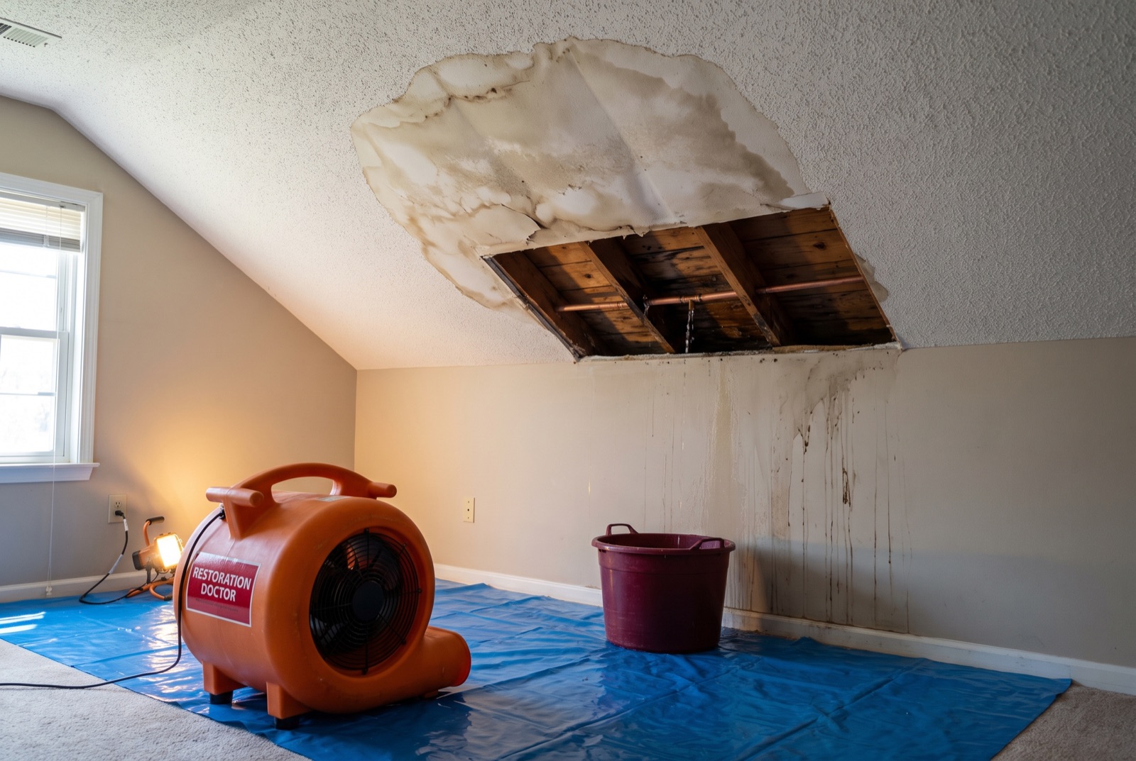 Opened ceiling exposing a burst supply pipe with drying in progress — illustrating: what does a burst pipe sound like