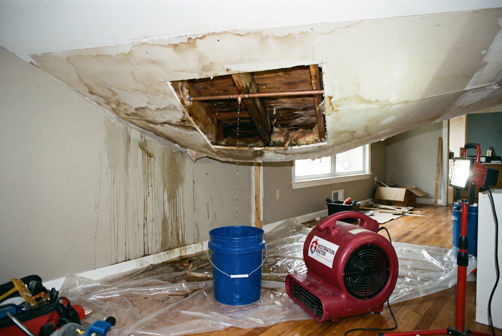 Opened ceiling exposing a burst supply pipe with drying in progress — illustrating: is a water damaged ceiling dangerous