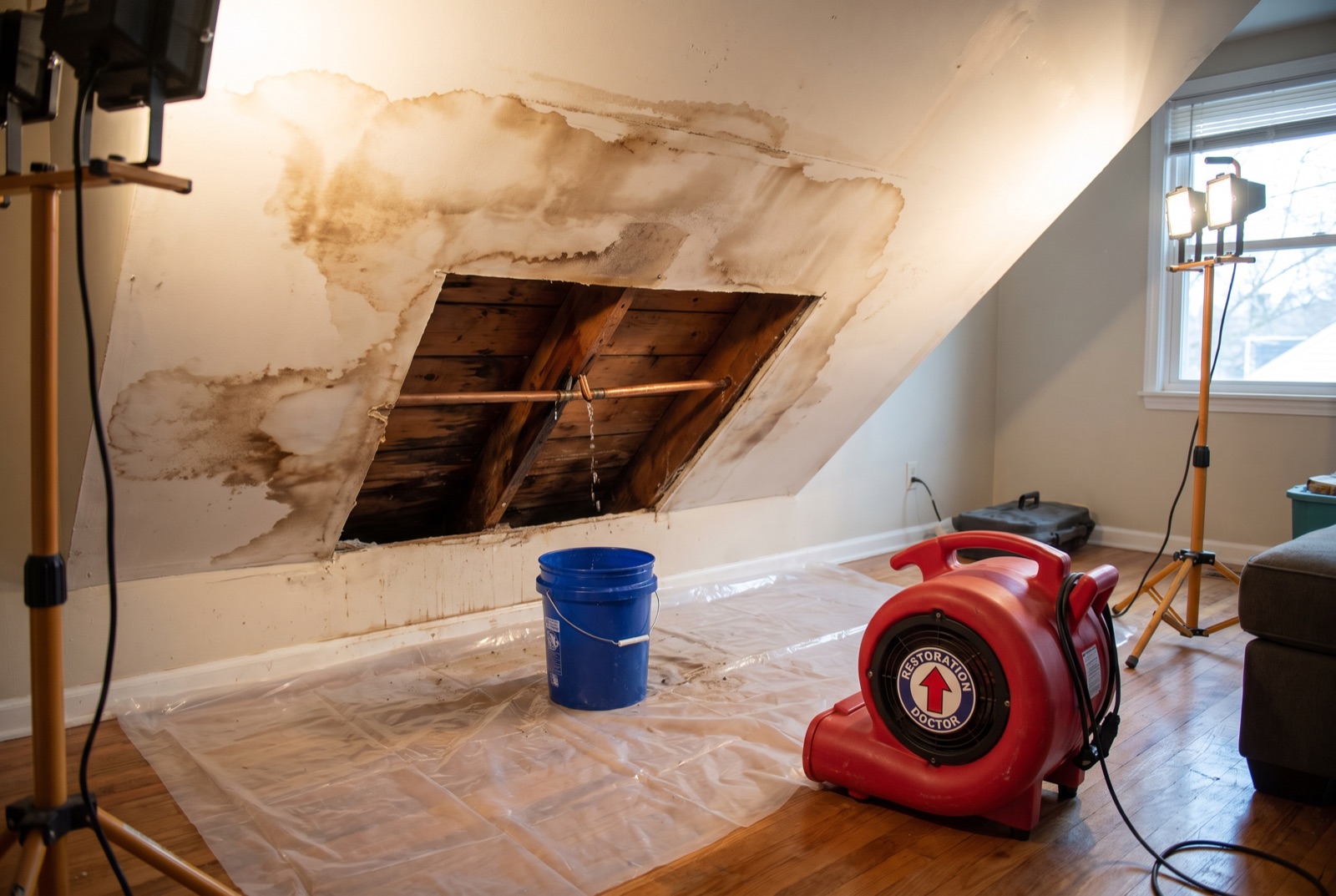 Opened ceiling exposing a burst supply pipe with drying in progress — illustrating: why do pipes burst in winter