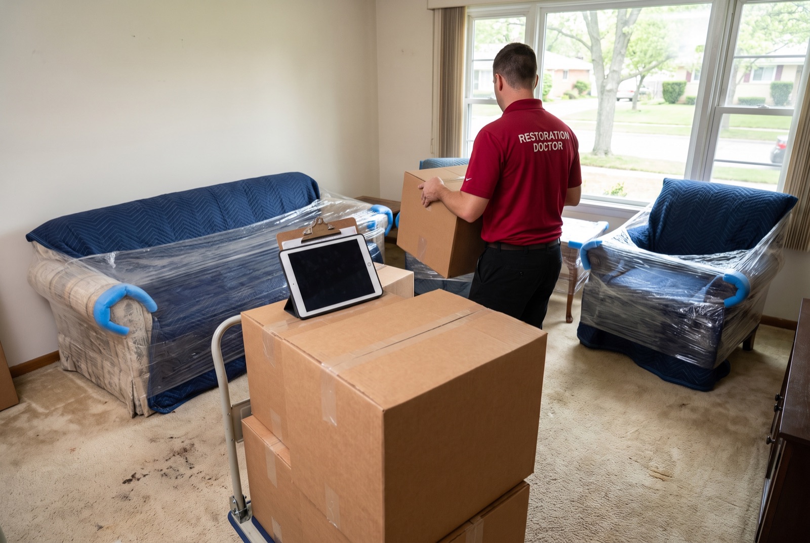 Contents pack-out with wrapped furniture and inventoried boxes — illustrating: how long does fire damage restoration take