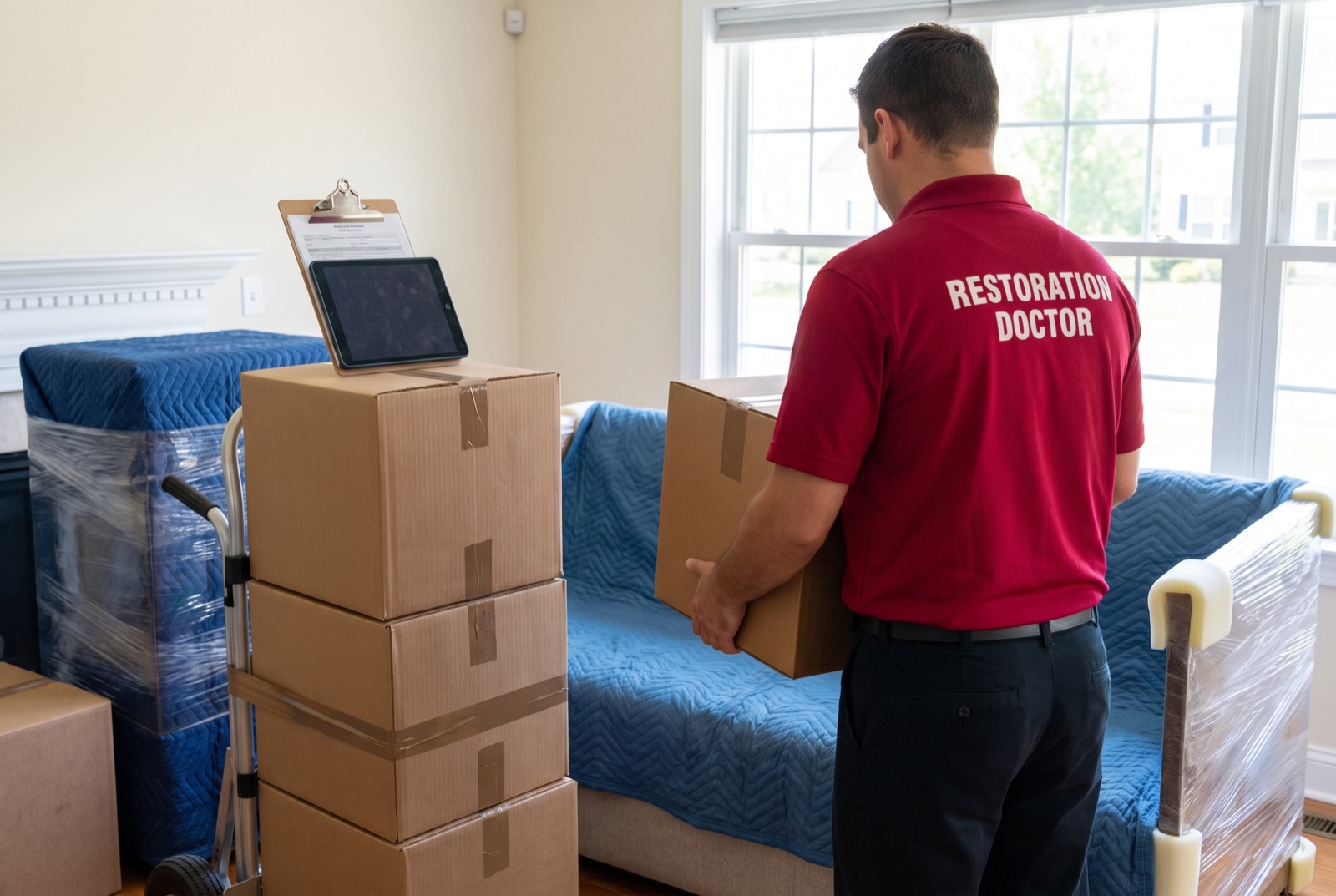 Contents pack-out with wrapped furniture and inventoried boxes — illustrating: what does soot do to your house