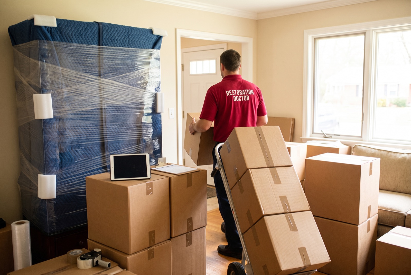 Contents pack-out with wrapped furniture and inventoried boxes — illustrating: why is there water damage after a fire