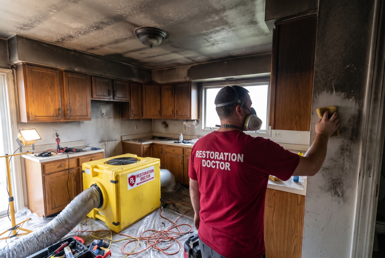 Soot removal from a fire-damaged kitchen with HEPA air scrubber running — illustrating: what should you do immediately after a house fire