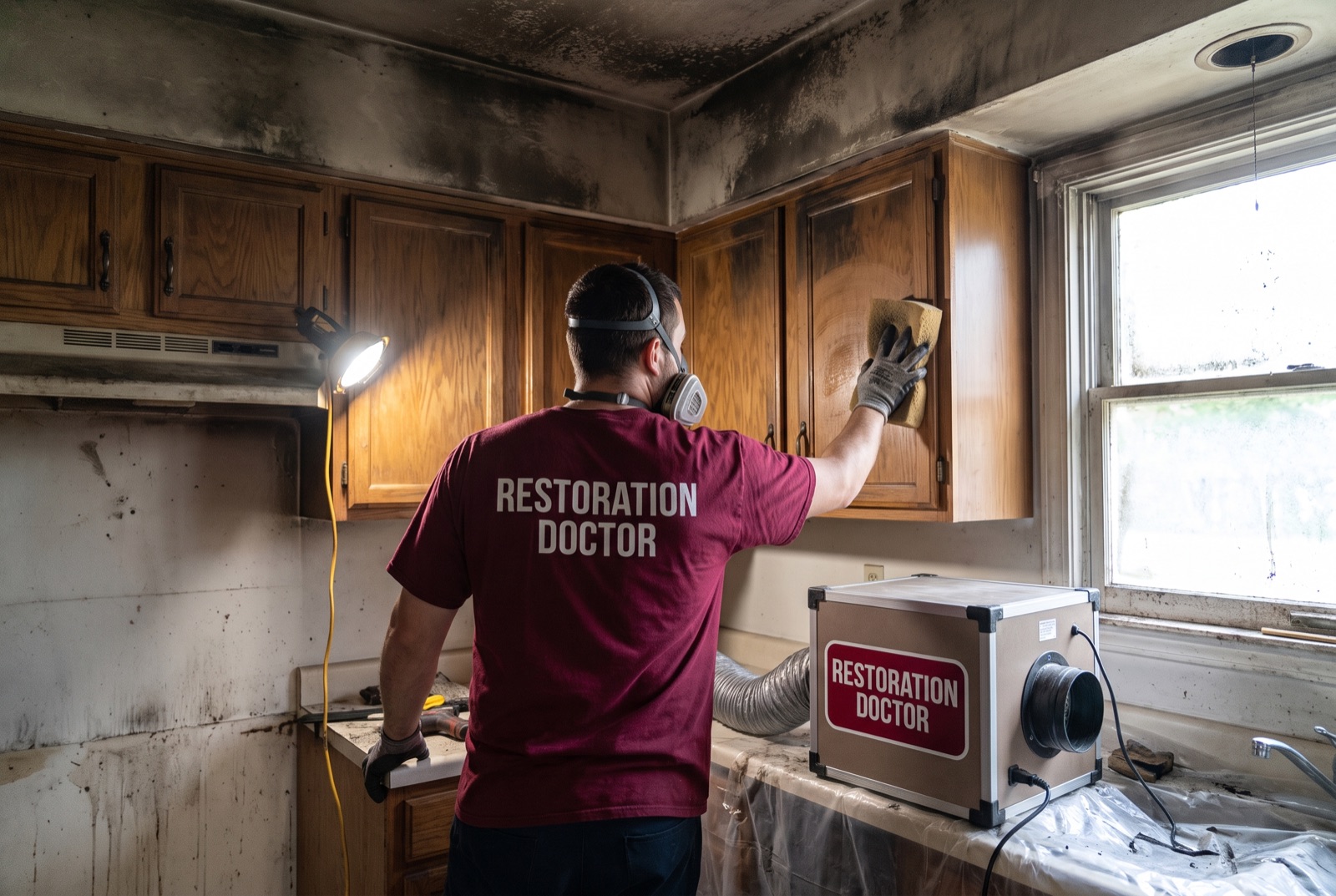 Soot removal from a fire-damaged kitchen with HEPA air scrubber running — illustrating: can electronics and belongings be saved after a fire