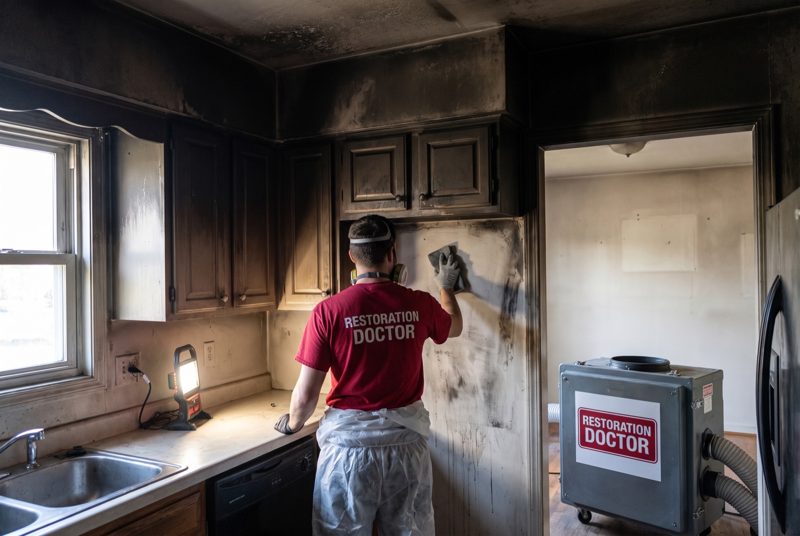 Soot removal from a fire-damaged kitchen with HEPA air scrubber running — illustrating: how long does fire damage restoration take