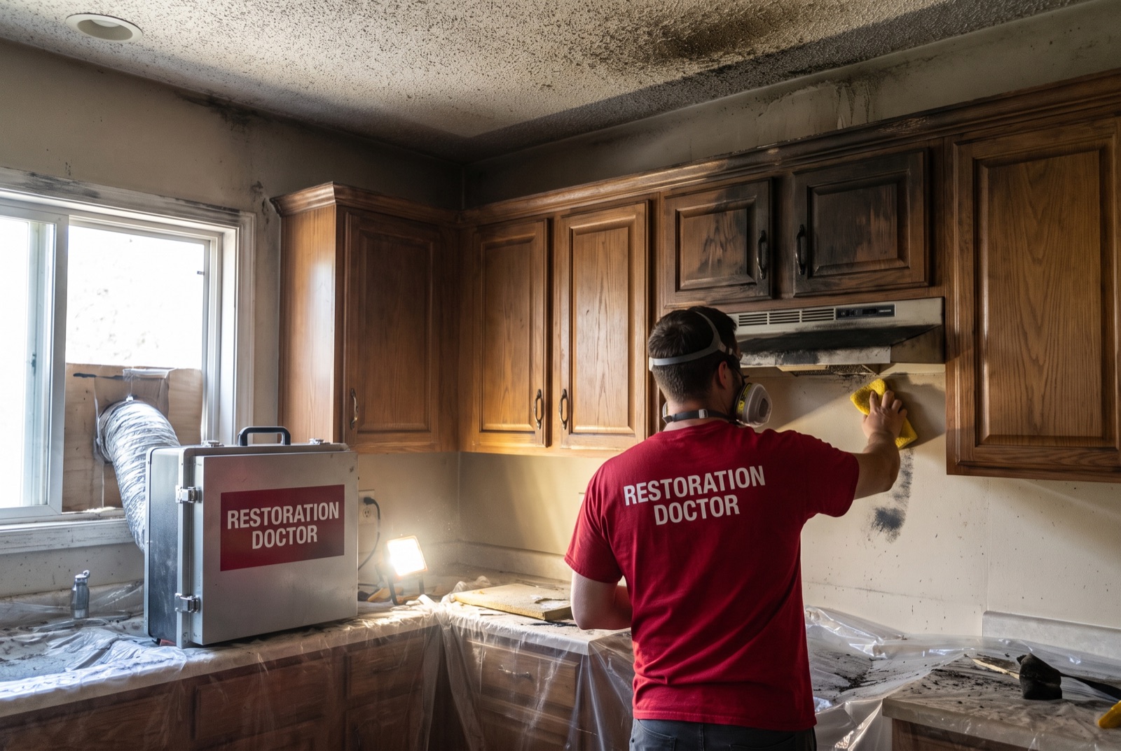Soot removal from a fire-damaged kitchen with HEPA air scrubber running — illustrating: does homeowners insurance cover fire and smoke damage