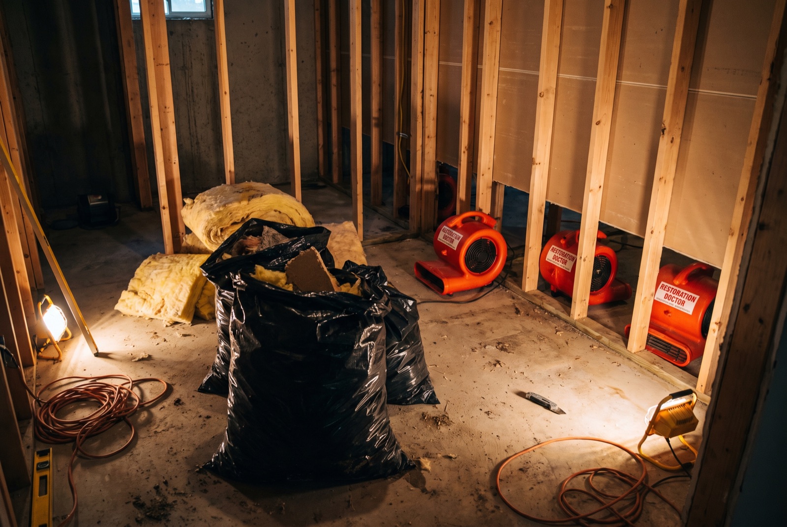 Flood cuts with exposed studs drying under air movers — illustrating: what should you do when your basement floods