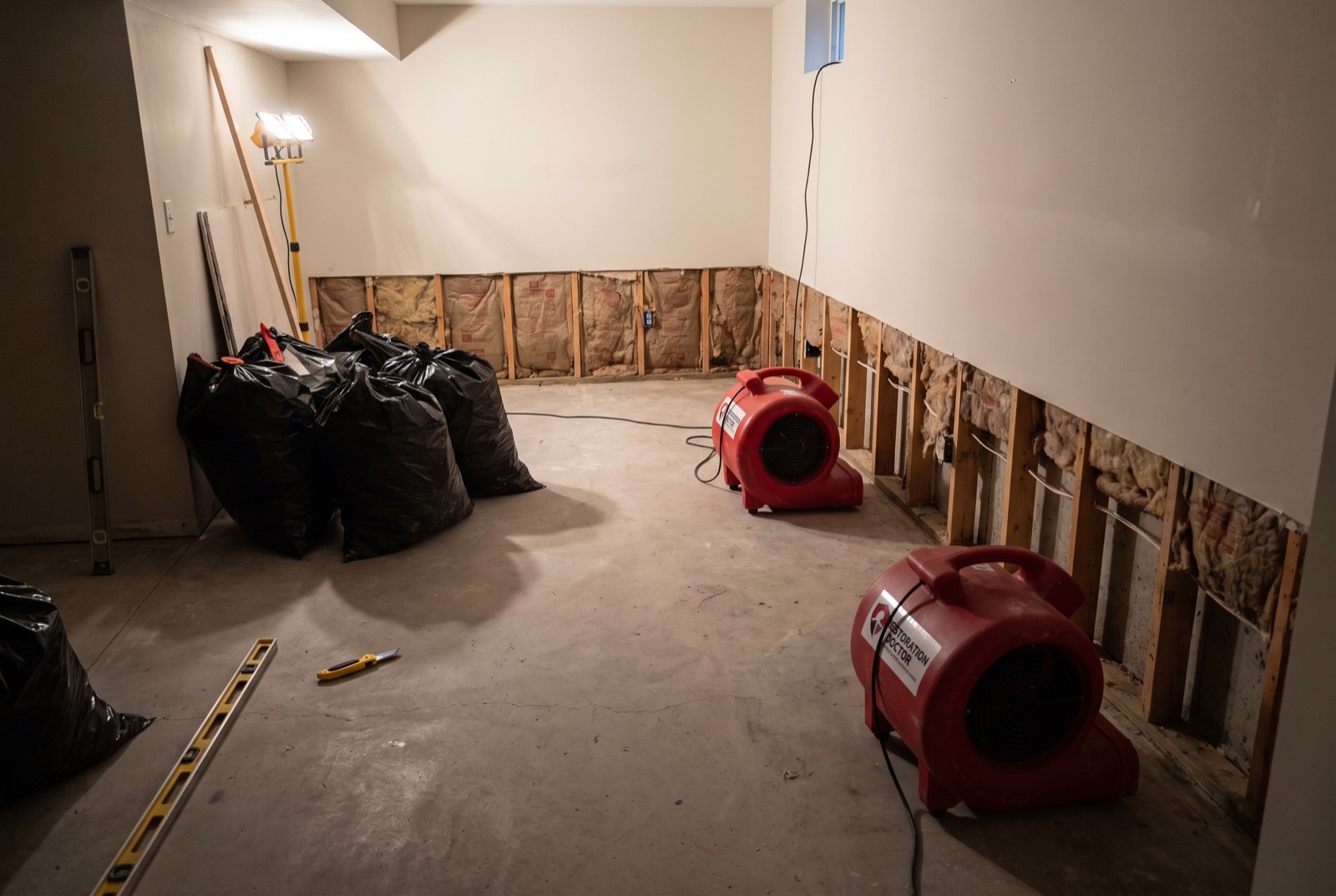 Flood cuts with exposed studs drying under air movers — illustrating: why does my basement flood when it rains