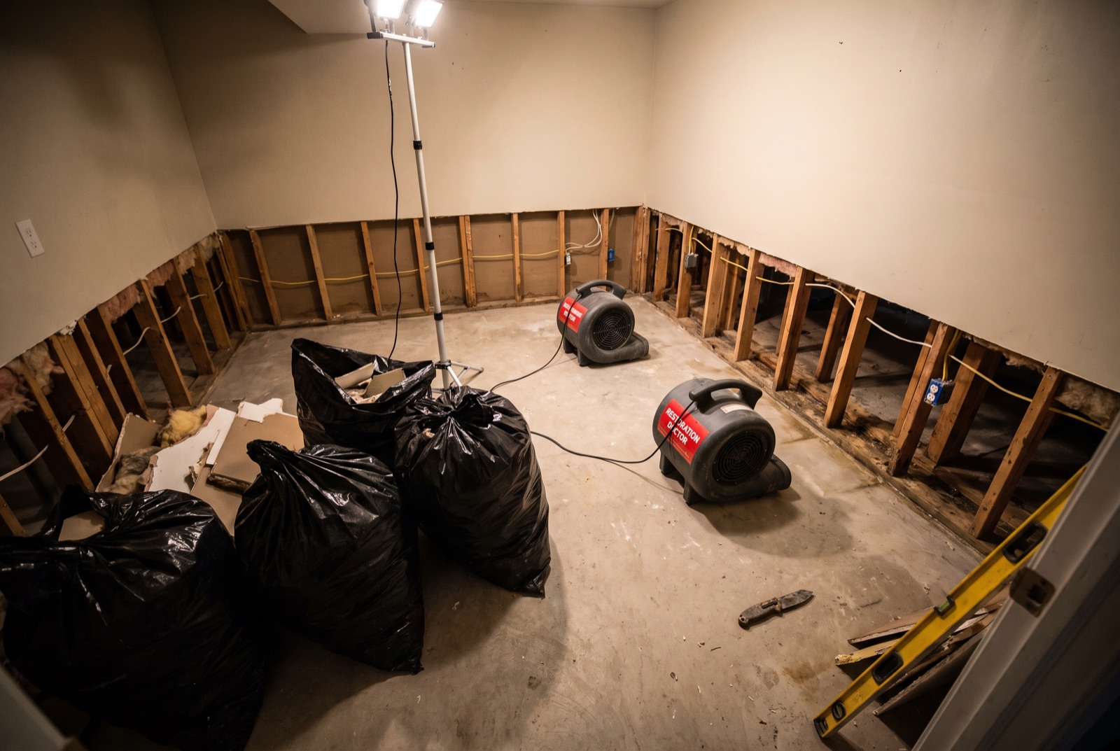 Flood cuts with exposed studs drying under air movers — illustrating: what causes a sump pump to fail