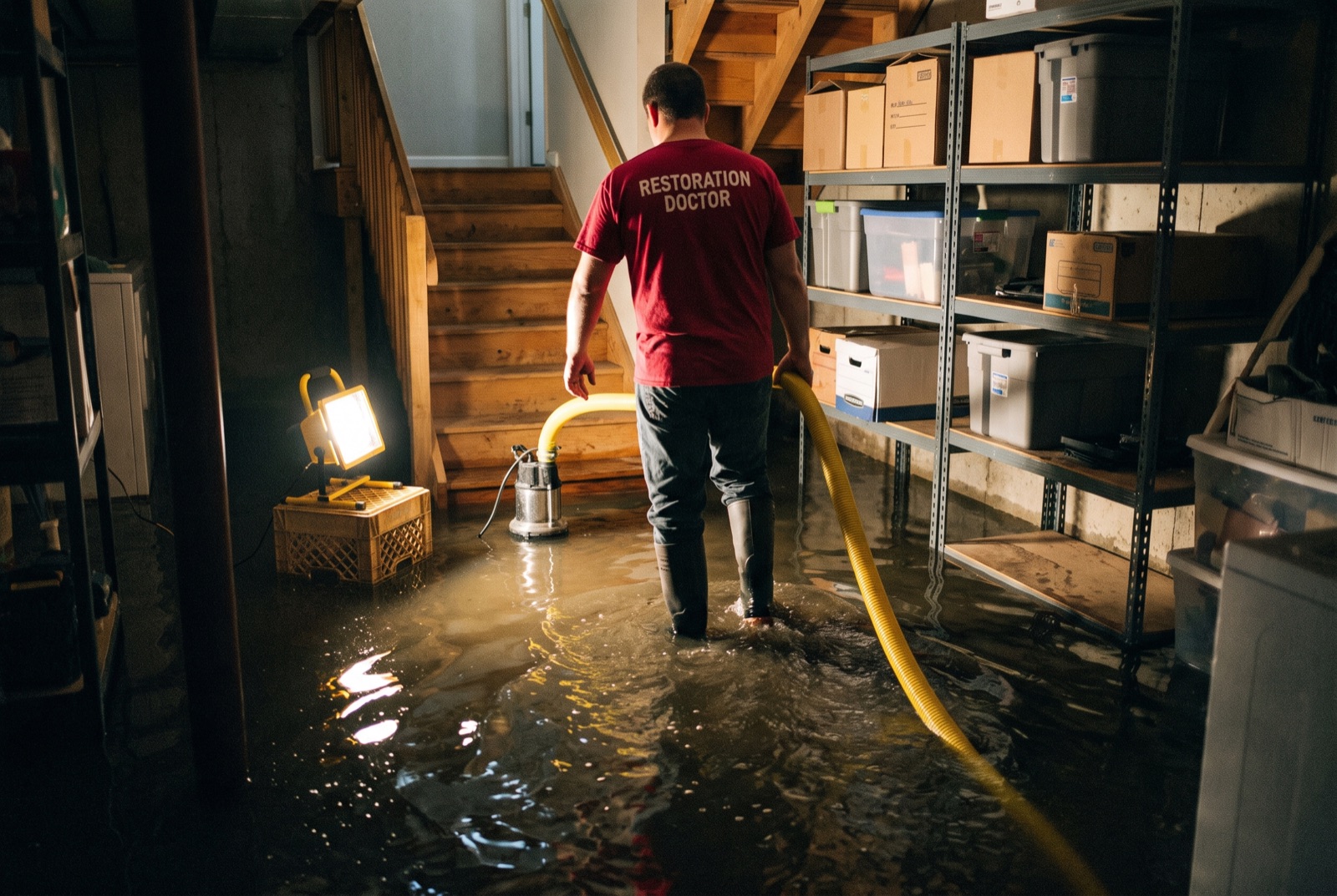 Technician pumping out a flooded basement — illustrating: what should you do when your basement floods