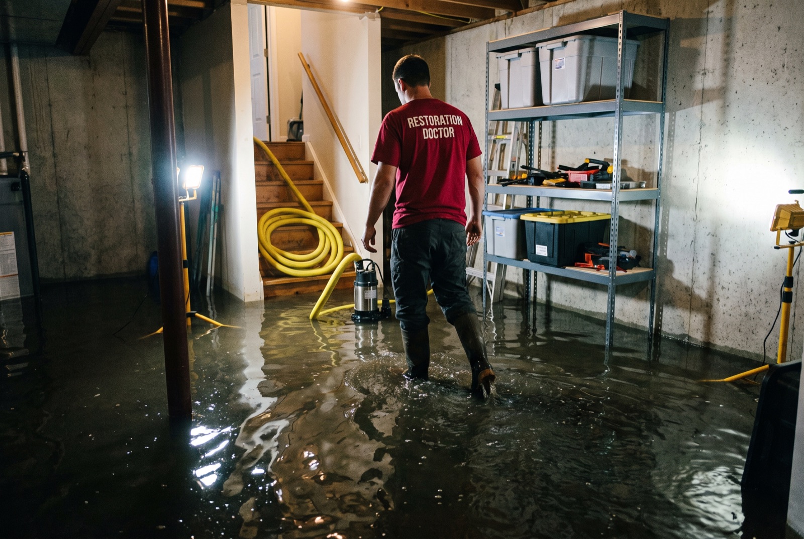 Technician pumping out a flooded basement — illustrating: why does my basement flood when it rains
