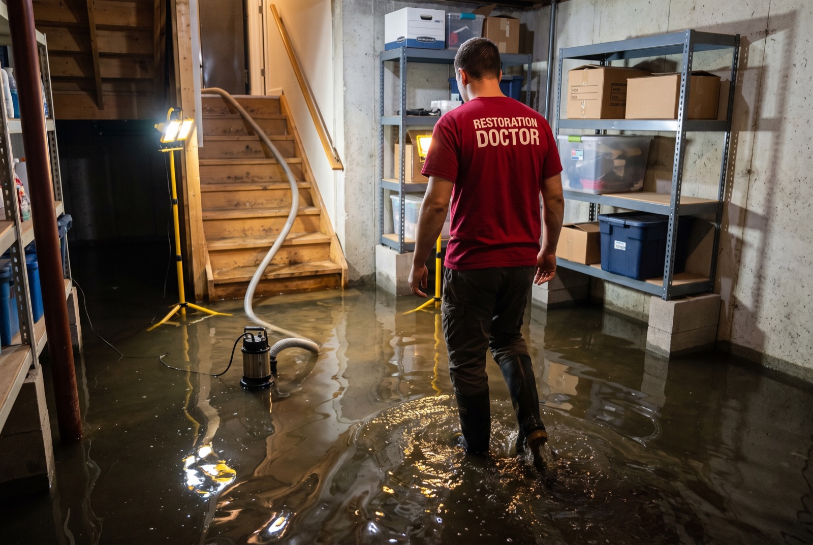 Technician pumping out a flooded basement — illustrating: is a flooded basement dangerous