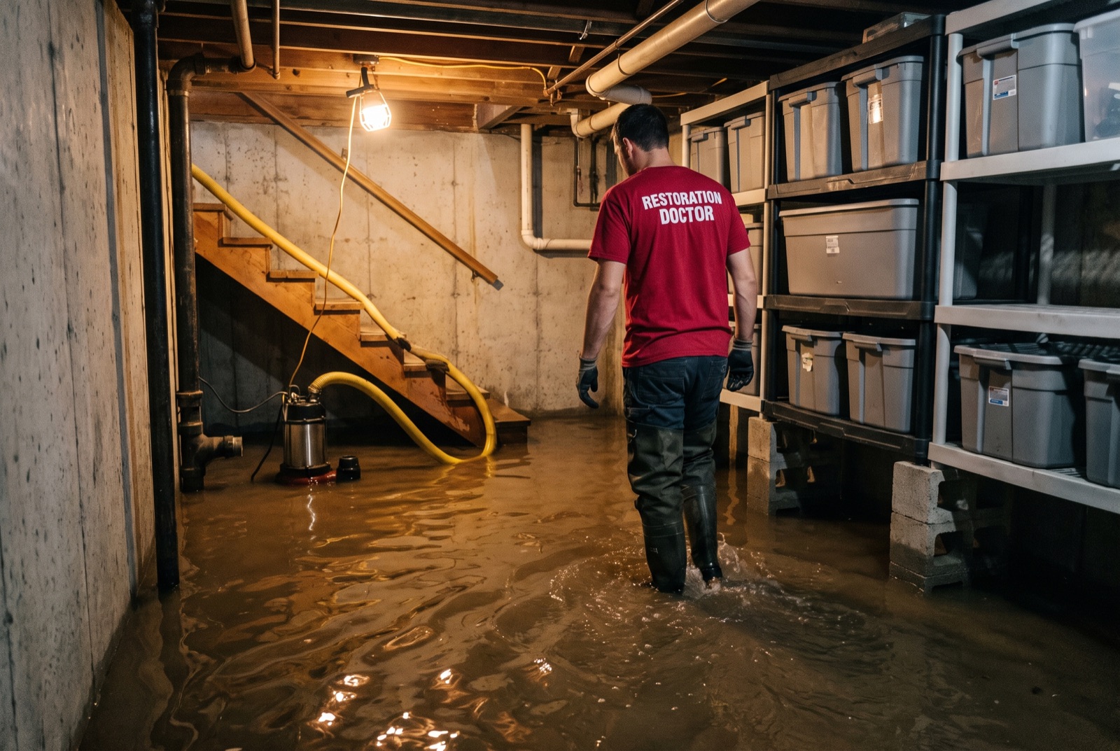 Technician pumping out a flooded basement — illustrating: what causes a sump pump to fail
