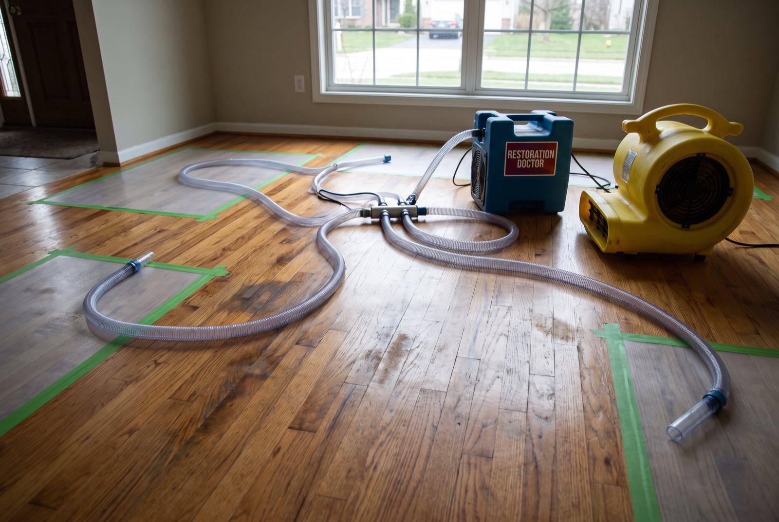 Floor drying mat system rescuing water-damaged hardwood — illustrating: does water damaged drywall need to be replaced