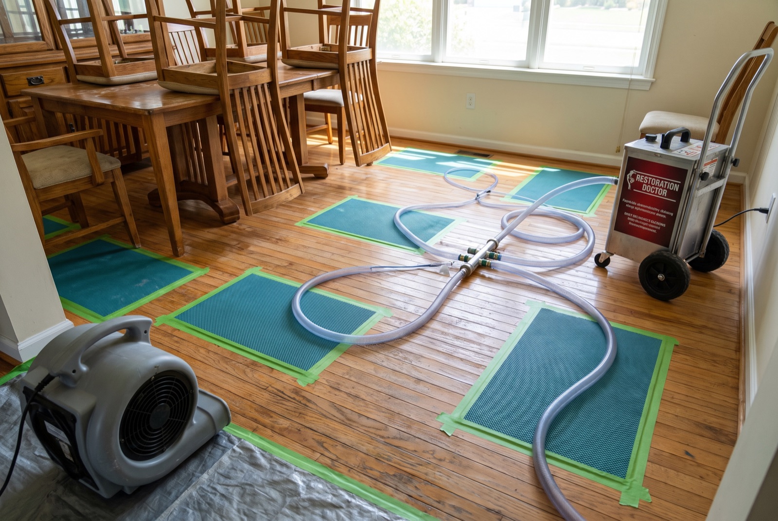 Floor drying mat system rescuing water-damaged hardwood — illustrating: what is structural drying