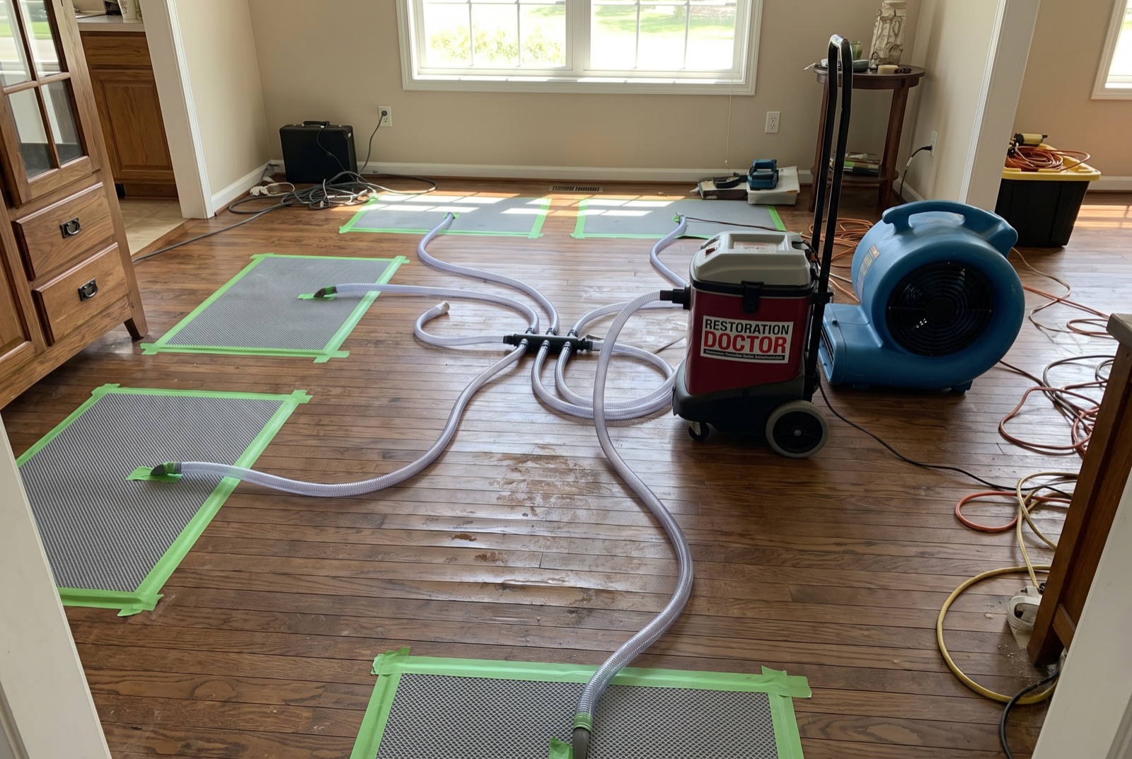 Floor drying mat system rescuing water-damaged hardwood — illustrating: is a water damaged ceiling dangerous