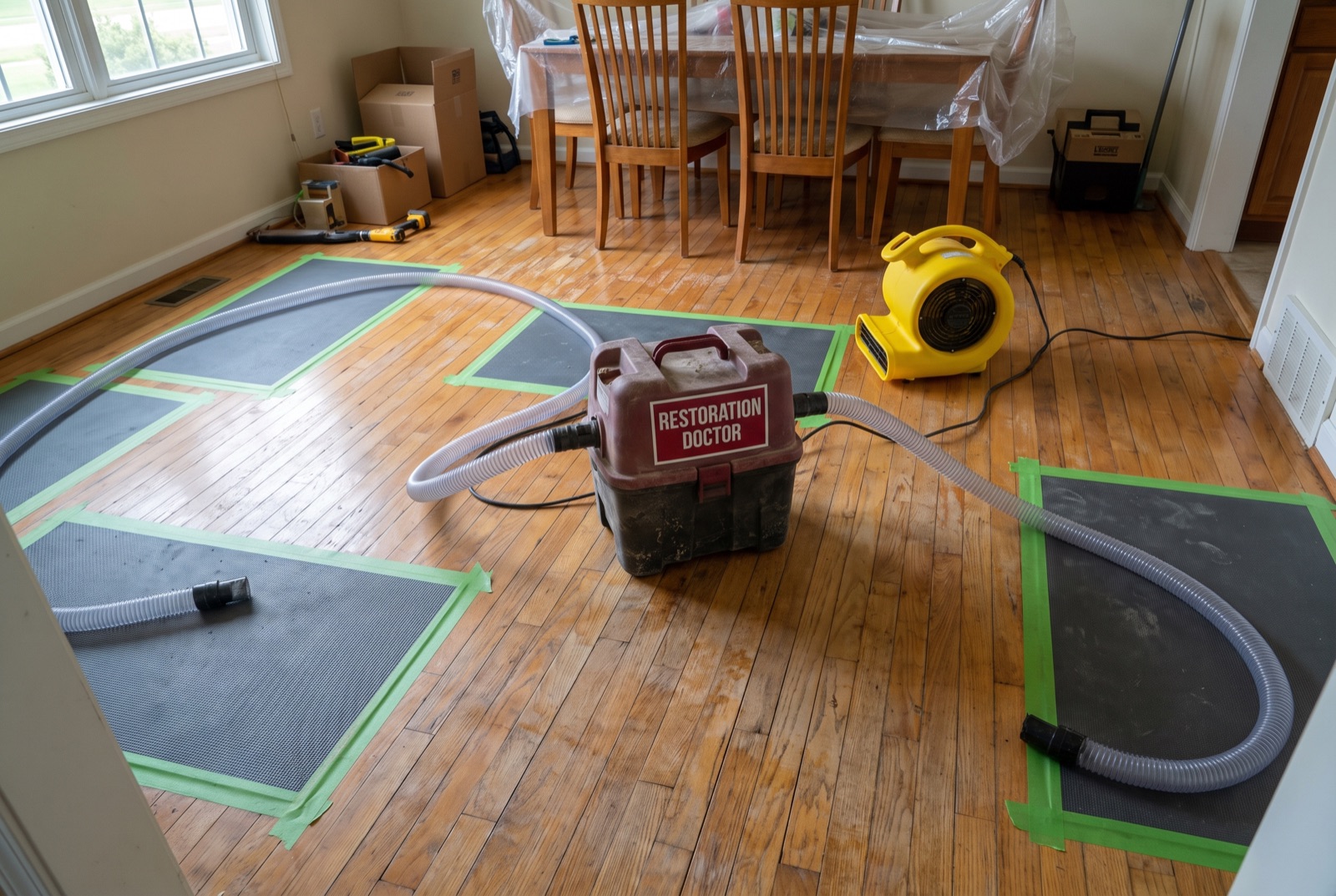 Floor drying mat system rescuing water-damaged hardwood — illustrating: how do professionals dry out a house after water damage