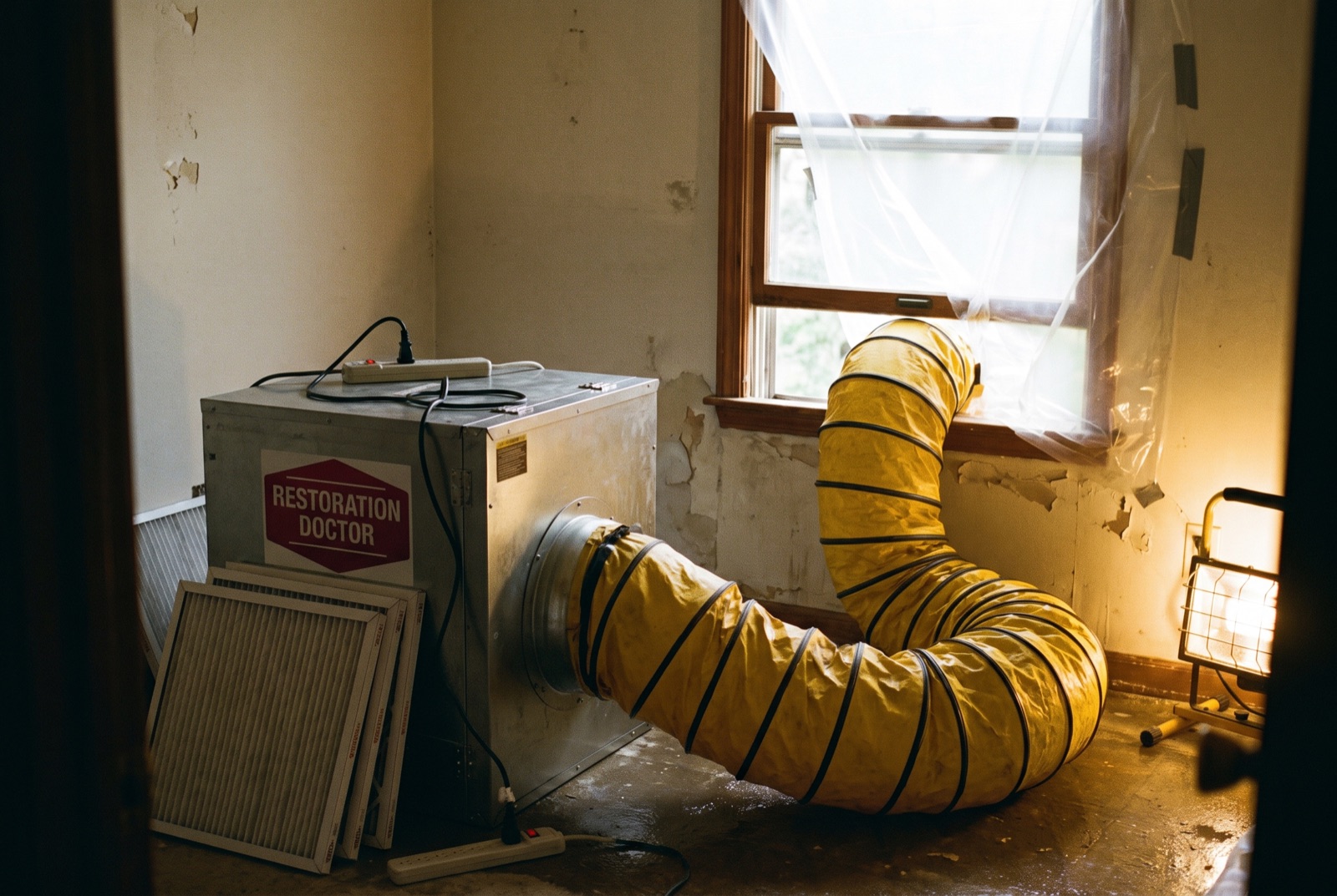 HEPA air scrubber running a negative air setup with ducting to a window — illustrating: how much does mold remediation cost