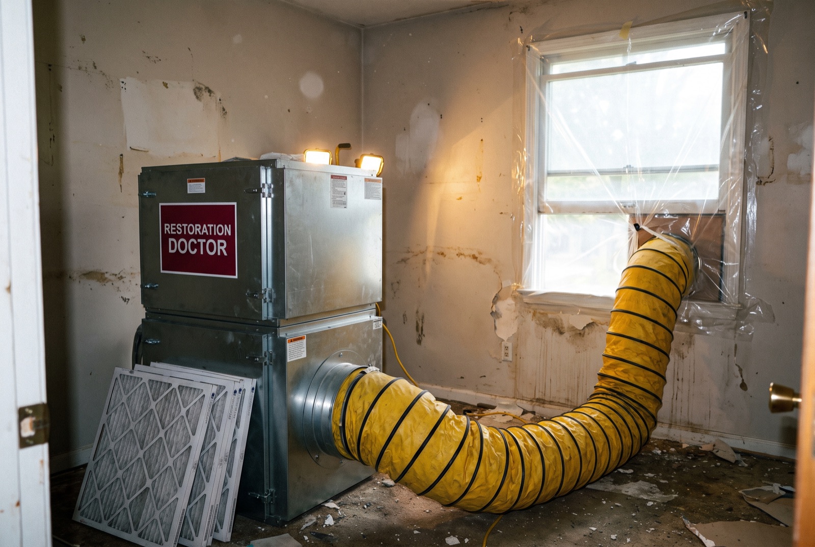 HEPA air scrubber running a negative air setup with ducting to a window — illustrating: what is structural drying