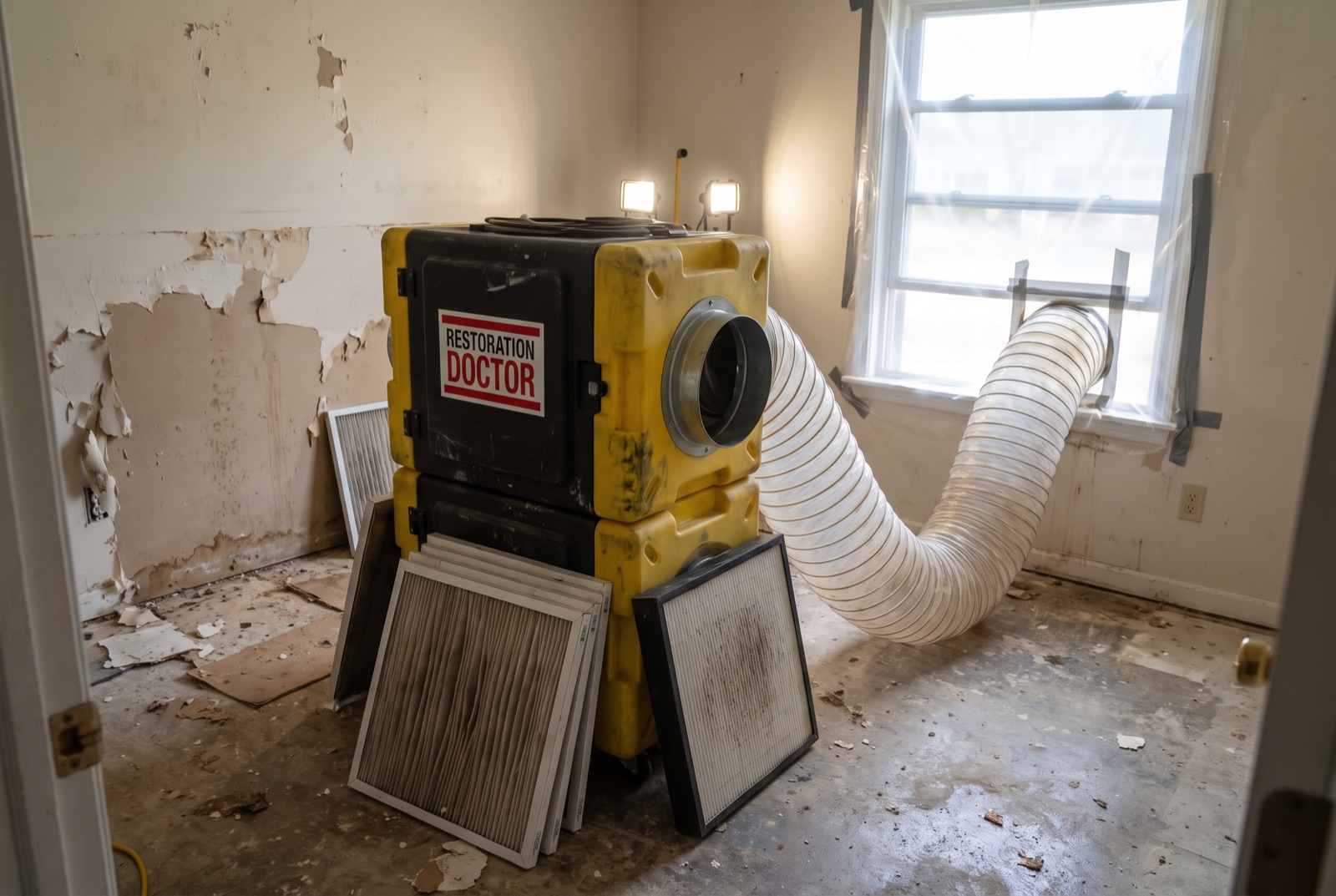 HEPA air scrubber running a negative air setup with ducting to a window — illustrating: how long does fire damage restoration take