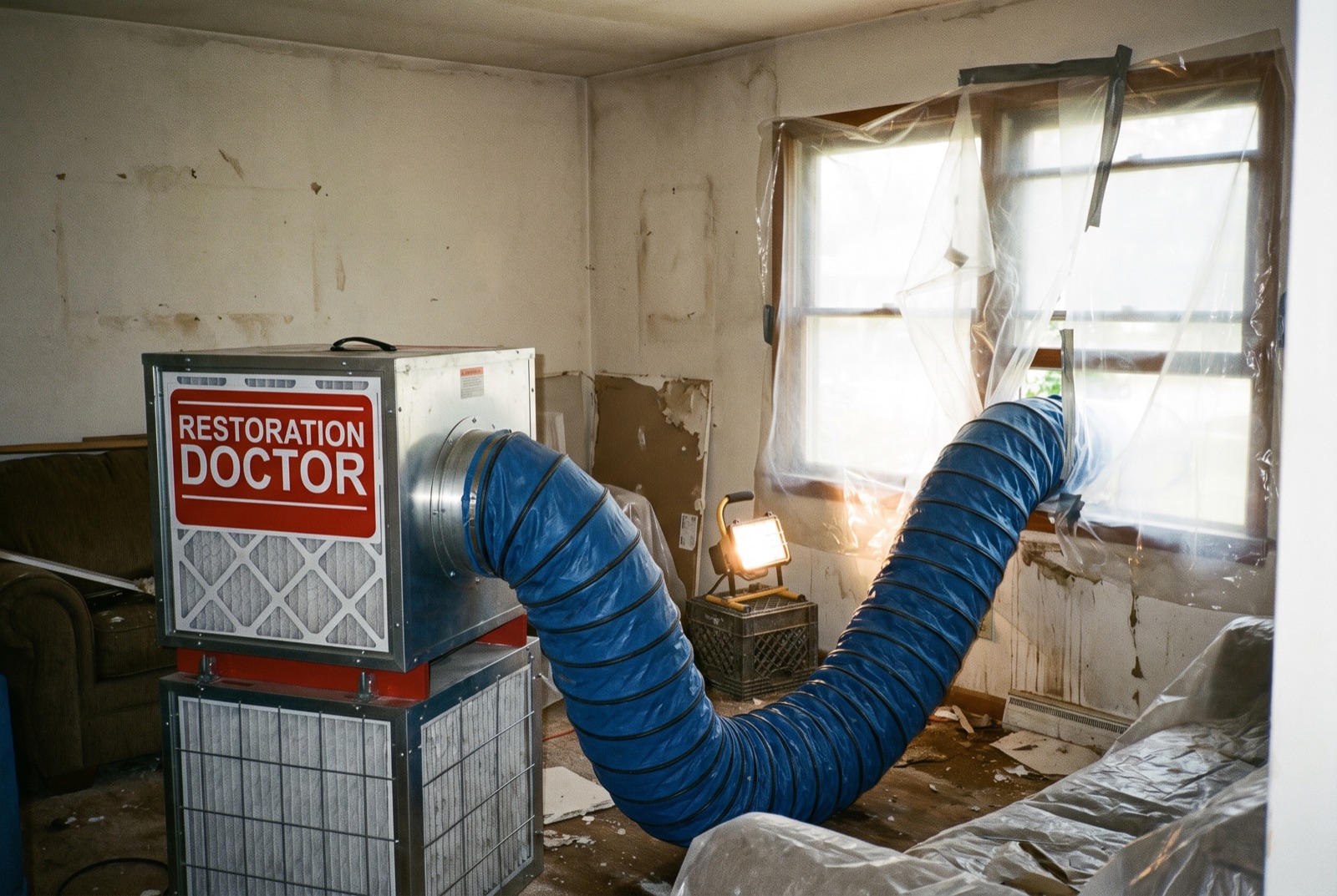 HEPA air scrubber running a negative air setup with ducting to a window — illustrating: how do professionals dry out a house after water damage