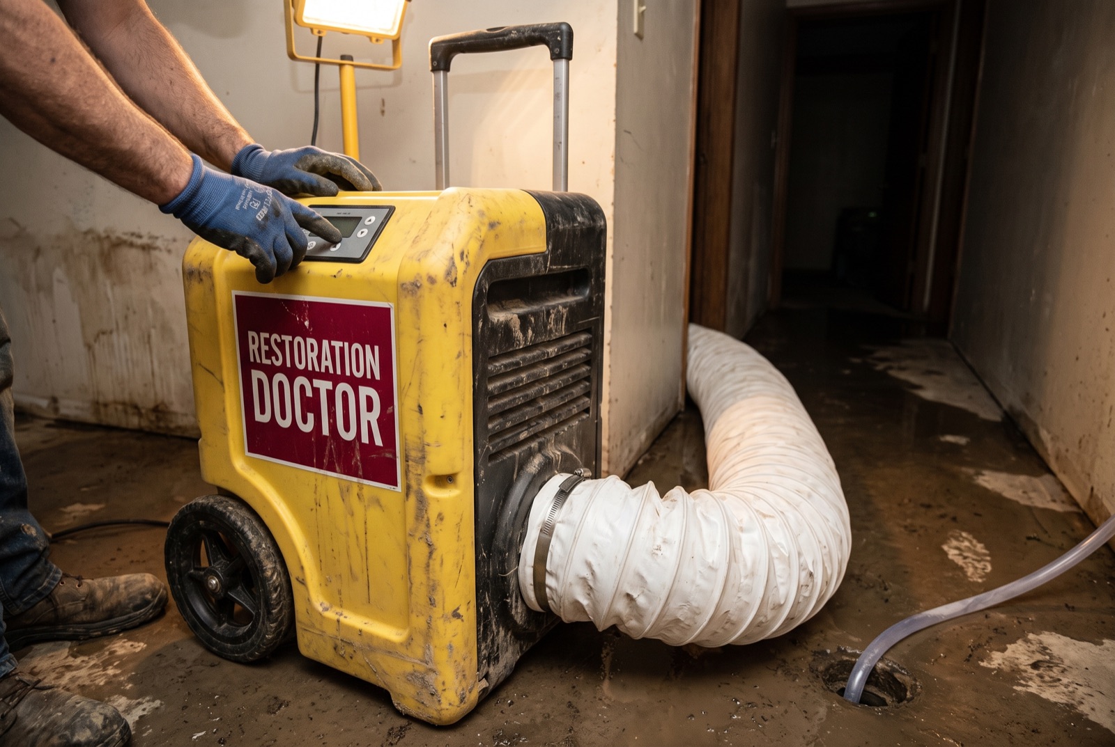 LGR dehumidifier with layflat ducting drying a water-damaged basement — illustrating: how much does sewage cleanup cost