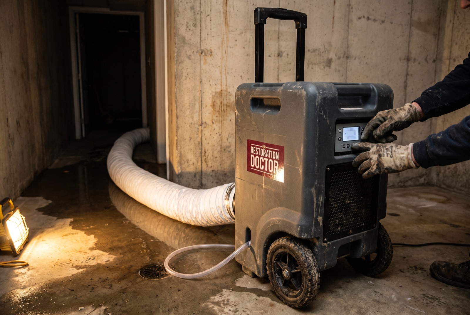 LGR dehumidifier with layflat ducting drying a water-damaged basement — illustrating: how much does fire damage restoration cost