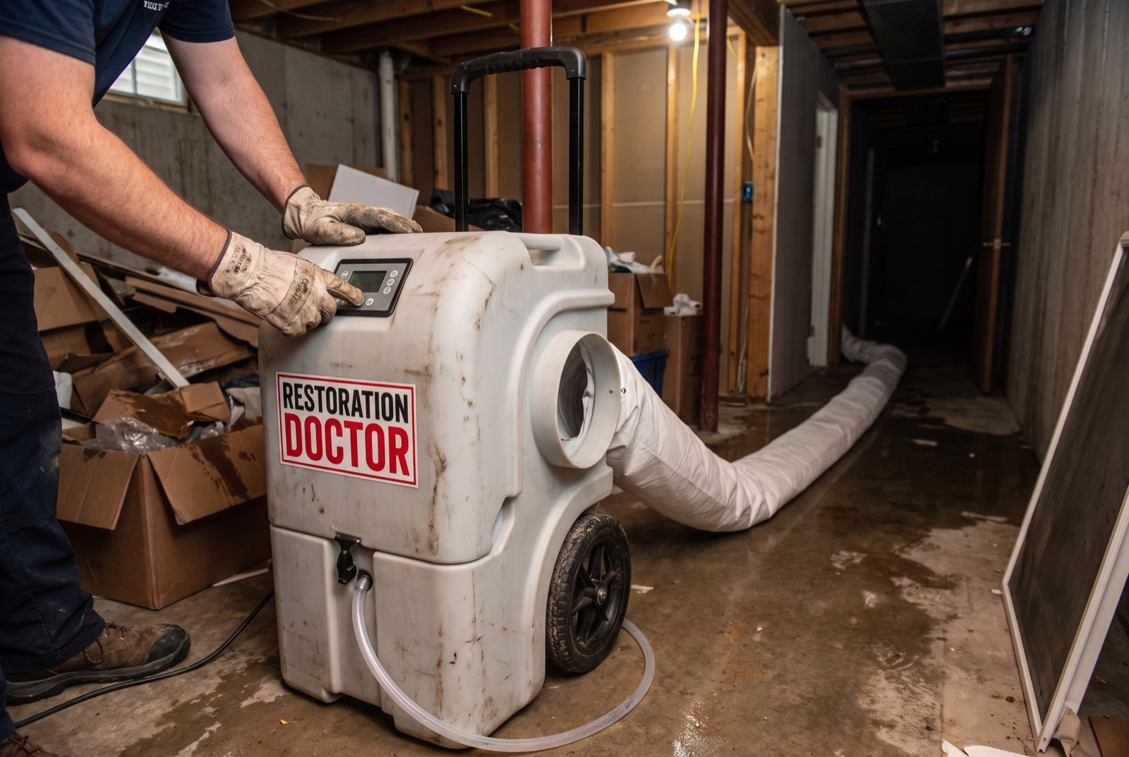 LGR dehumidifier with layflat ducting drying a water-damaged basement — illustrating: how much does it cost to clean up a flooded basement
