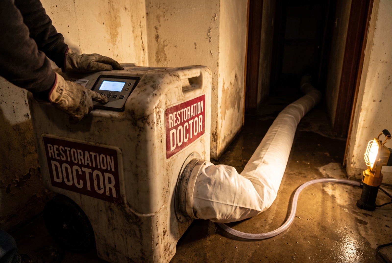 LGR dehumidifier with layflat ducting drying a water-damaged basement — illustrating: can water damage be reversed