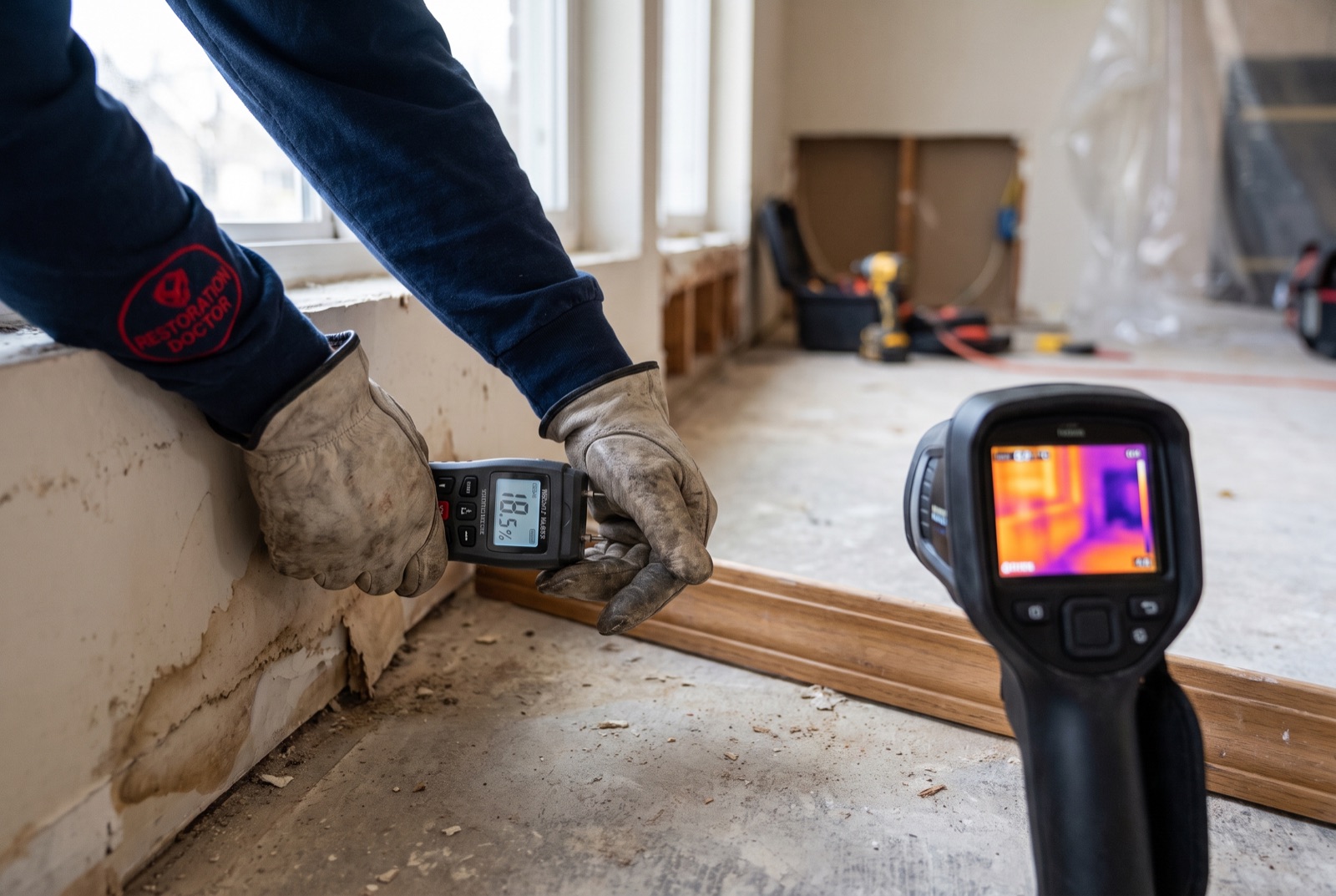 Moisture meter and thermal imaging camera during a moisture inspection — illustrating: what should I do immediately after water damage