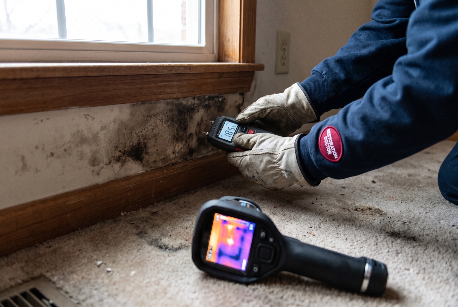 Moisture meter and thermal imaging camera during a moisture inspection — illustrating: what does a burst pipe sound like