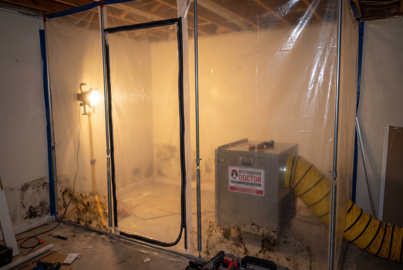 Poly sheeting containment with HEPA air scrubber during mold remediation — illustrating: how much does mold remediation cost