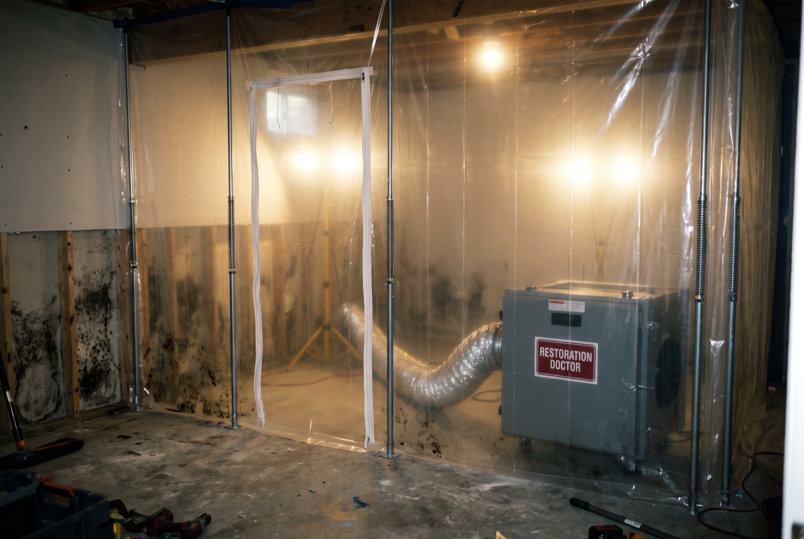 Poly sheeting containment with HEPA air scrubber during mold remediation — illustrating: does bleach kill mold on drywall