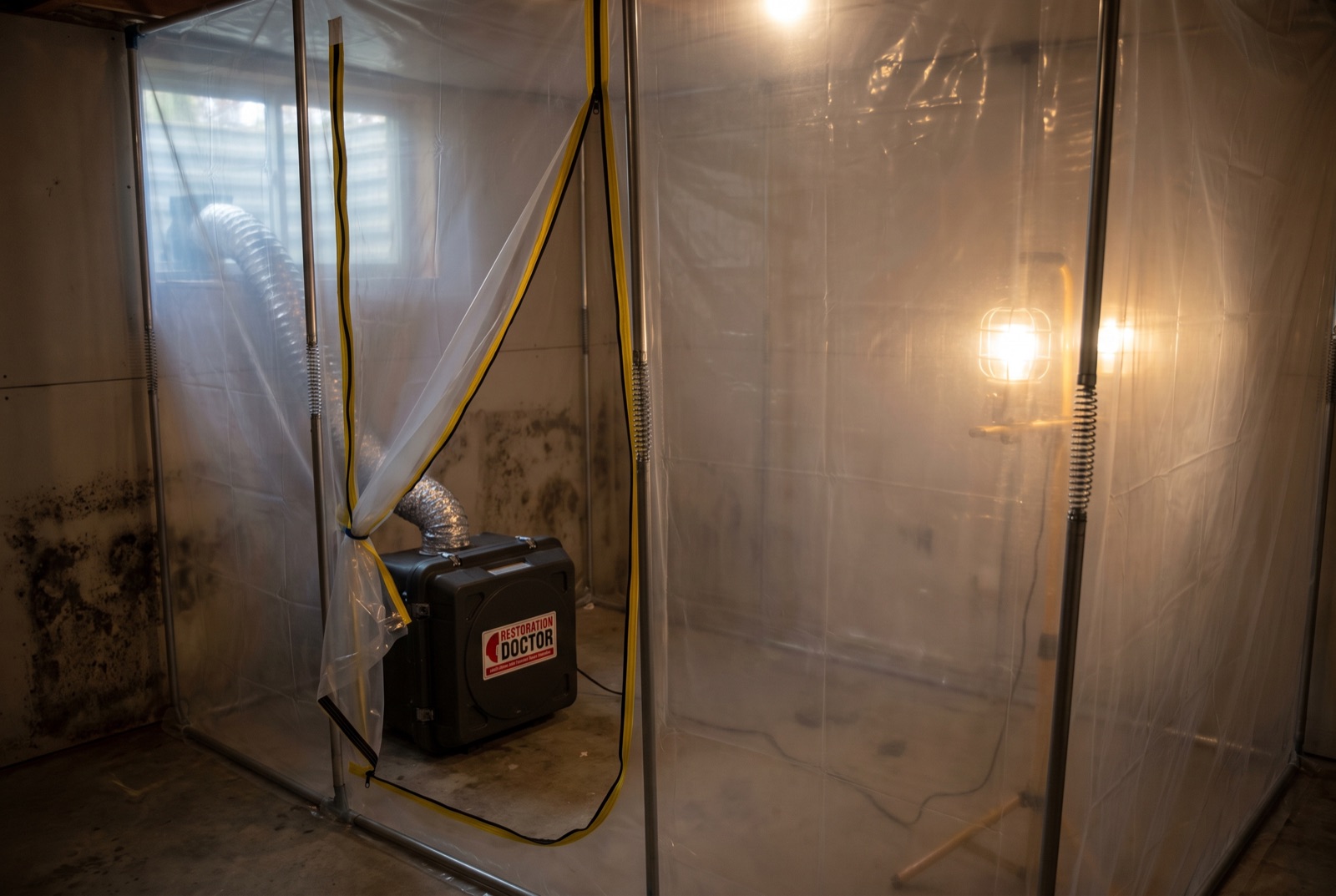 Poly sheeting containment with HEPA air scrubber during mold remediation — illustrating: what does black mold look like