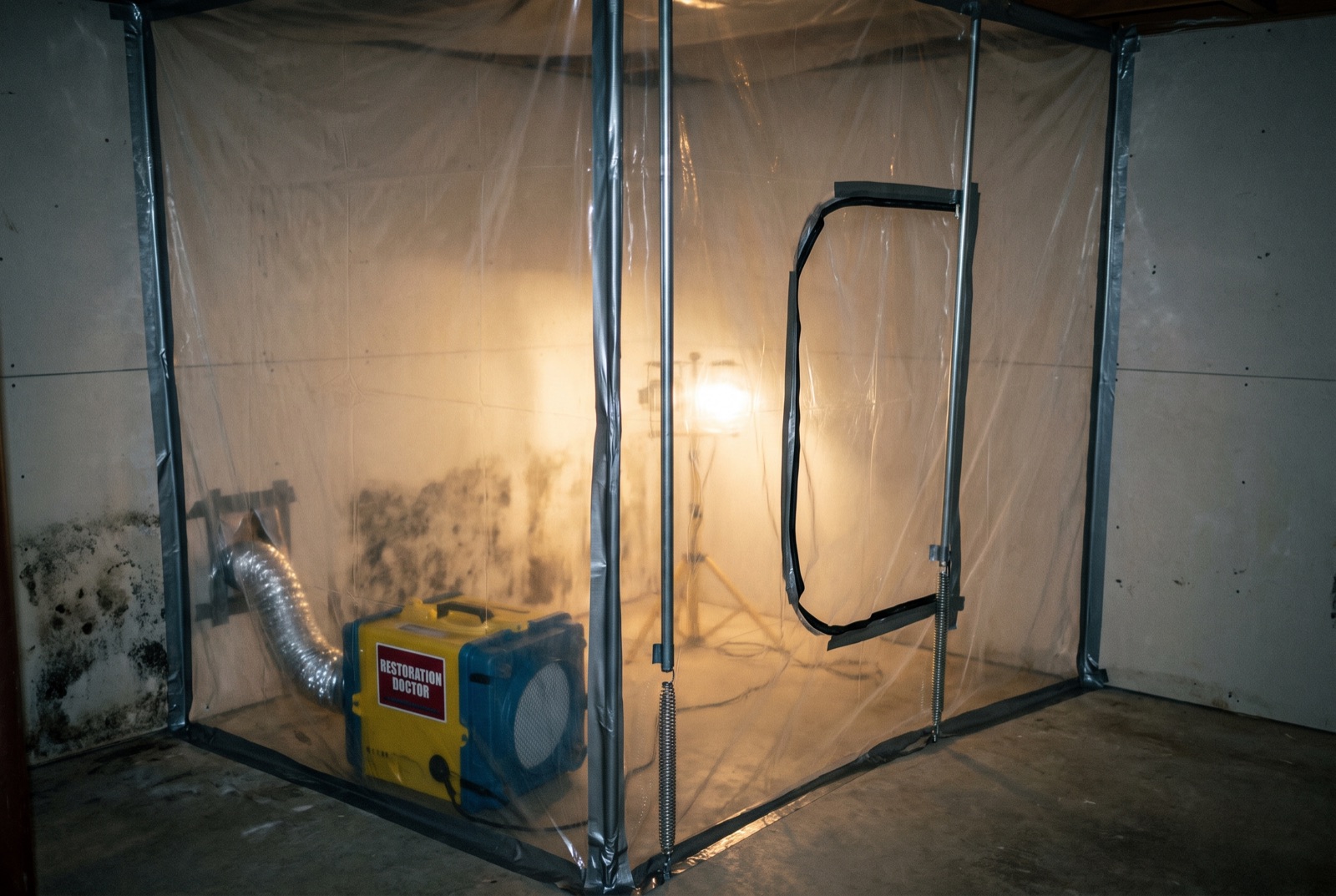 Poly sheeting containment with HEPA air scrubber during mold remediation — illustrating: can I remove mold myself or do I need a professional