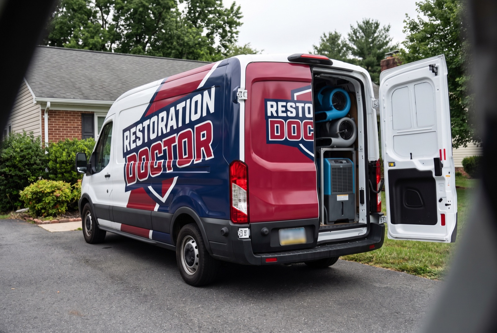 Restoration Doctor van loaded with drying equipment — illustrating: what is the difference between water mitigation and restoration