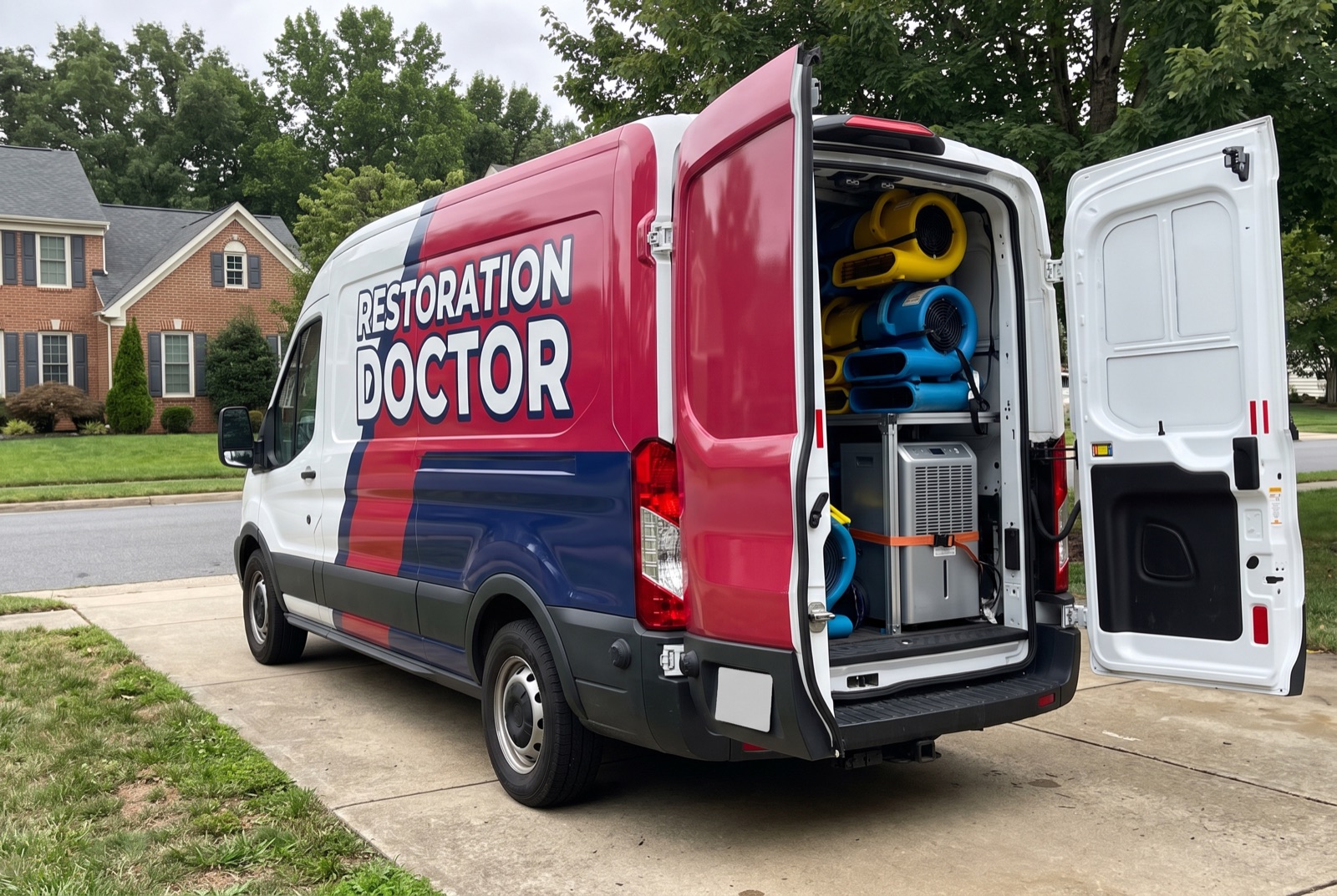 Restoration Doctor van loaded with drying equipment — illustrating: how much does fire damage restoration cost