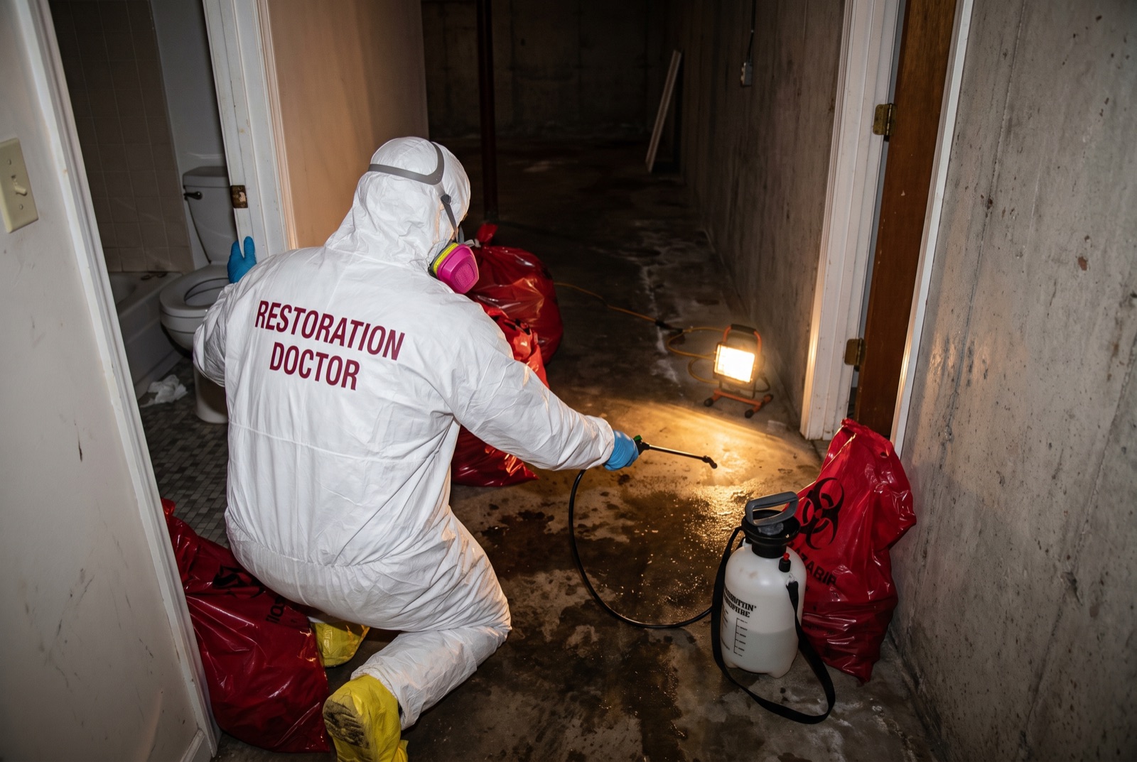 Technician in full PPE disinfecting a floor during sewage backup cleanup — illustrating: why does my house smell like sewage