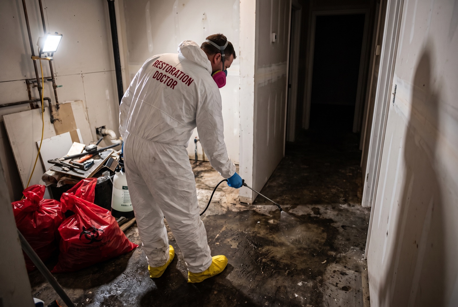 Technician in full PPE disinfecting a floor during sewage backup cleanup — illustrating: what has to be thrown away after a sewage backup