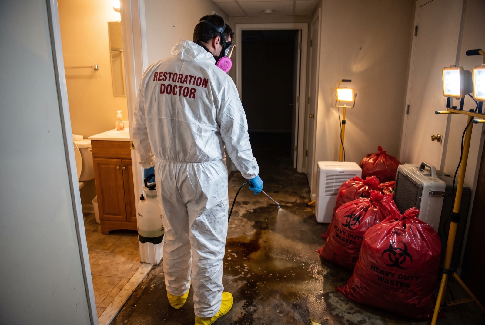Technician in full PPE disinfecting a floor during sewage backup cleanup — illustrating: how do professionals clean up sewage