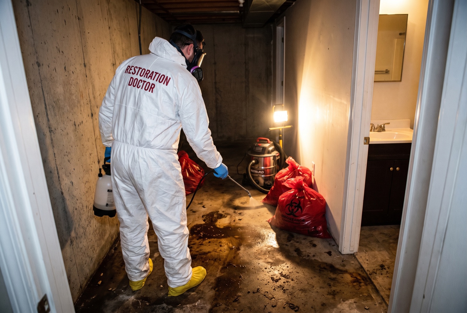 Technician in full PPE disinfecting a floor during sewage backup cleanup — illustrating: how long does sewage contamination last