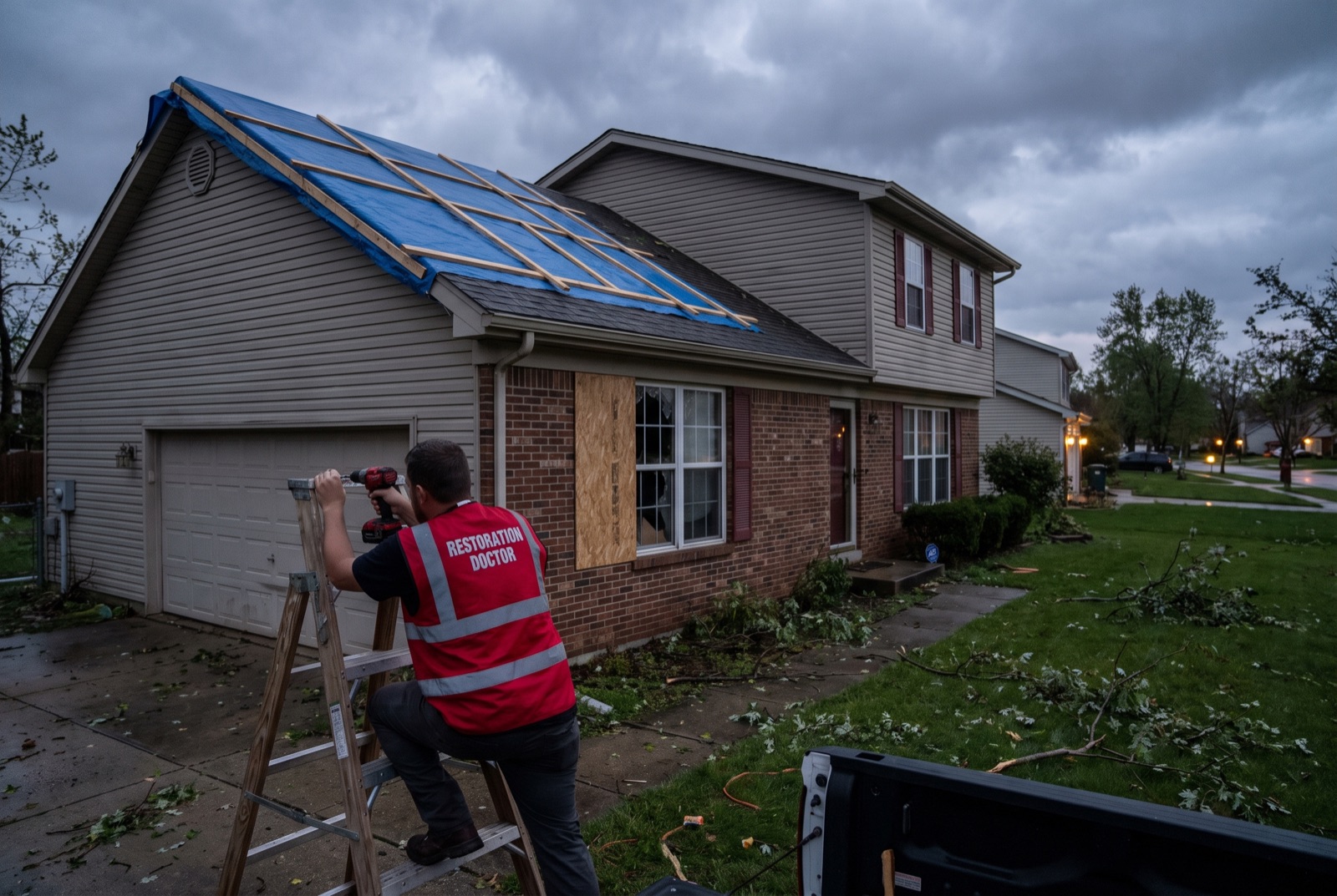 Emergency board-up and roof tarping after storm damage — illustrating: can lightning damage cause water damage