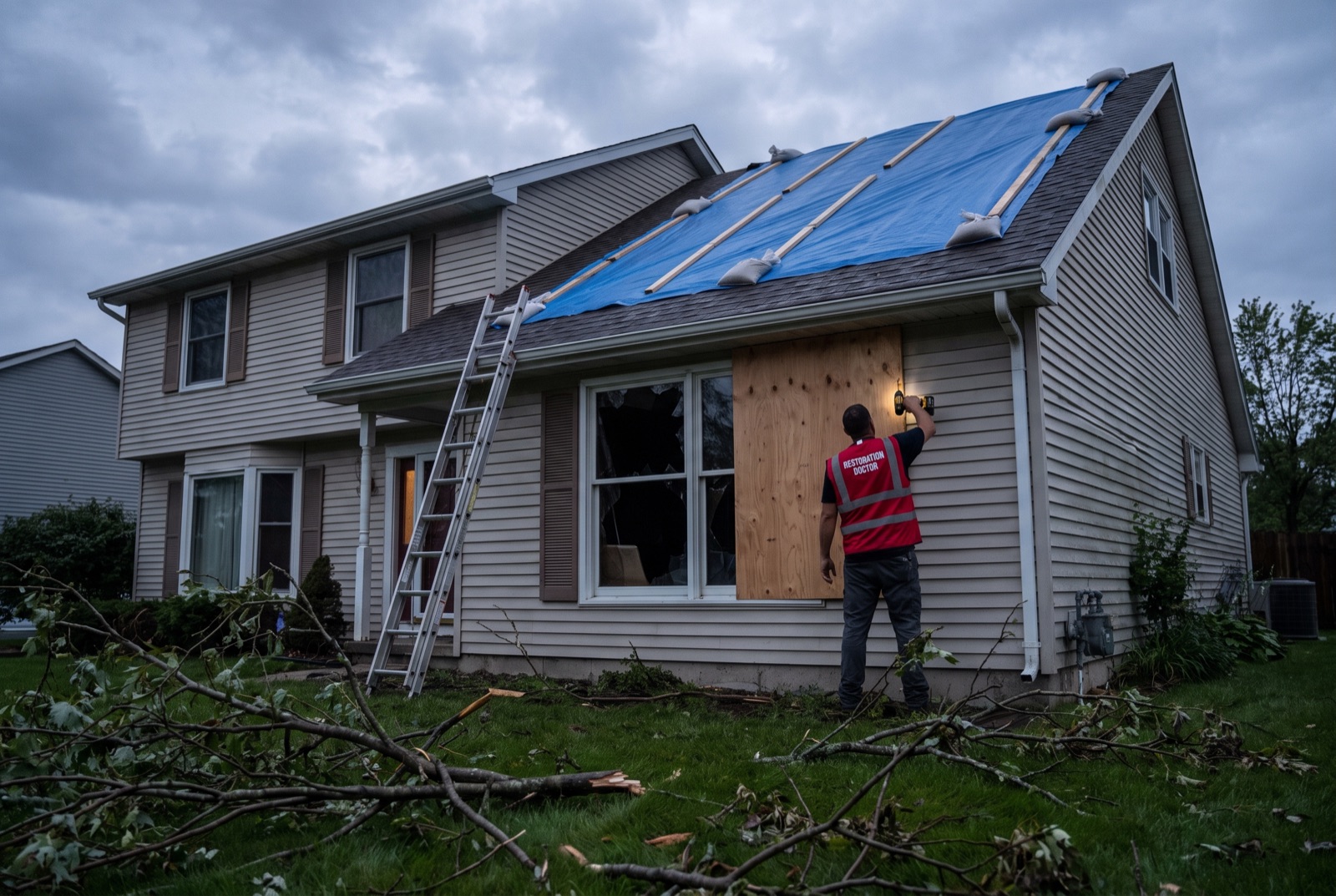 Emergency board-up and roof tarping after storm damage — illustrating: does homeowners insurance cover storm damage