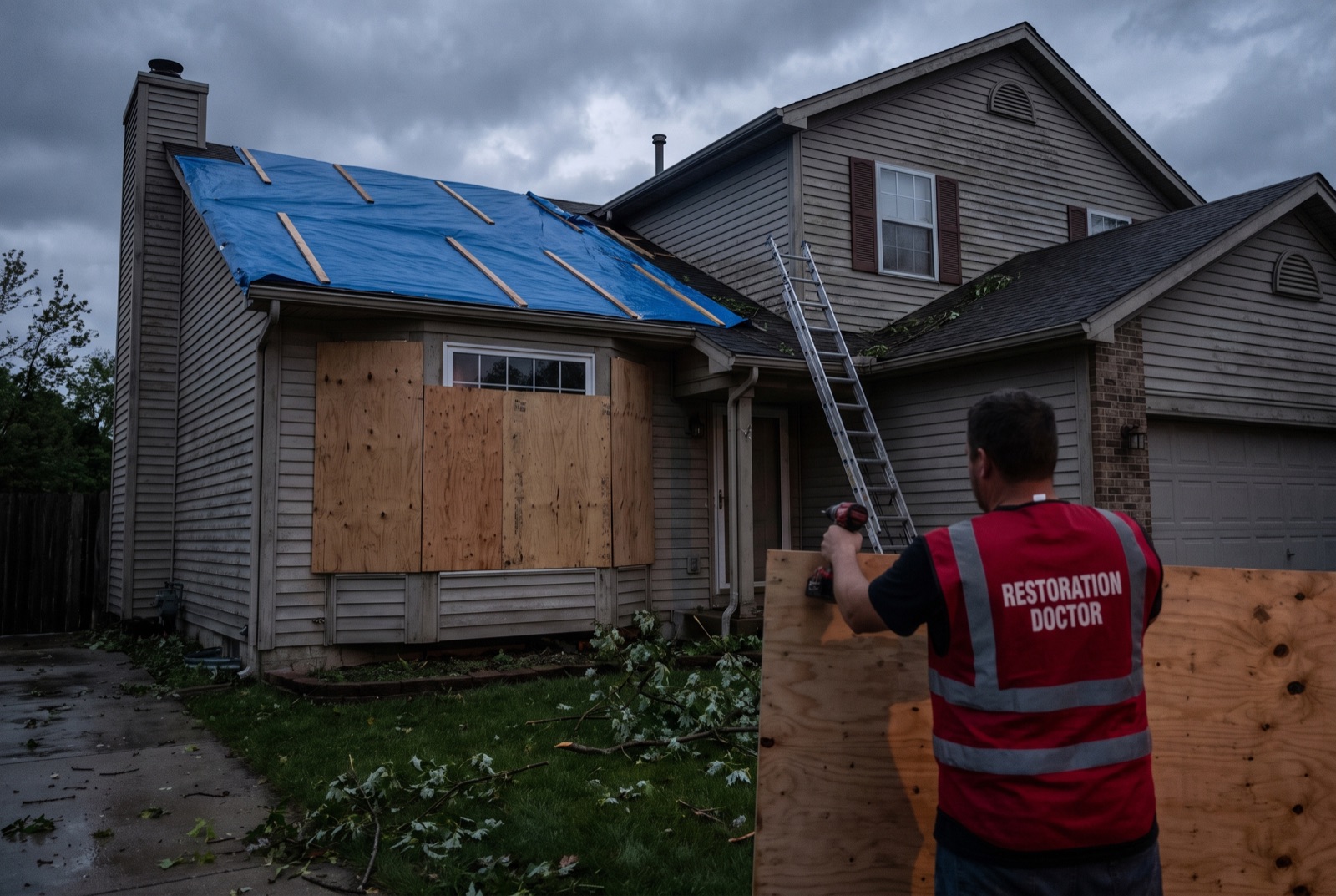 Emergency board-up and roof tarping after storm damage — illustrating: what is the difference between flood damage and storm damage