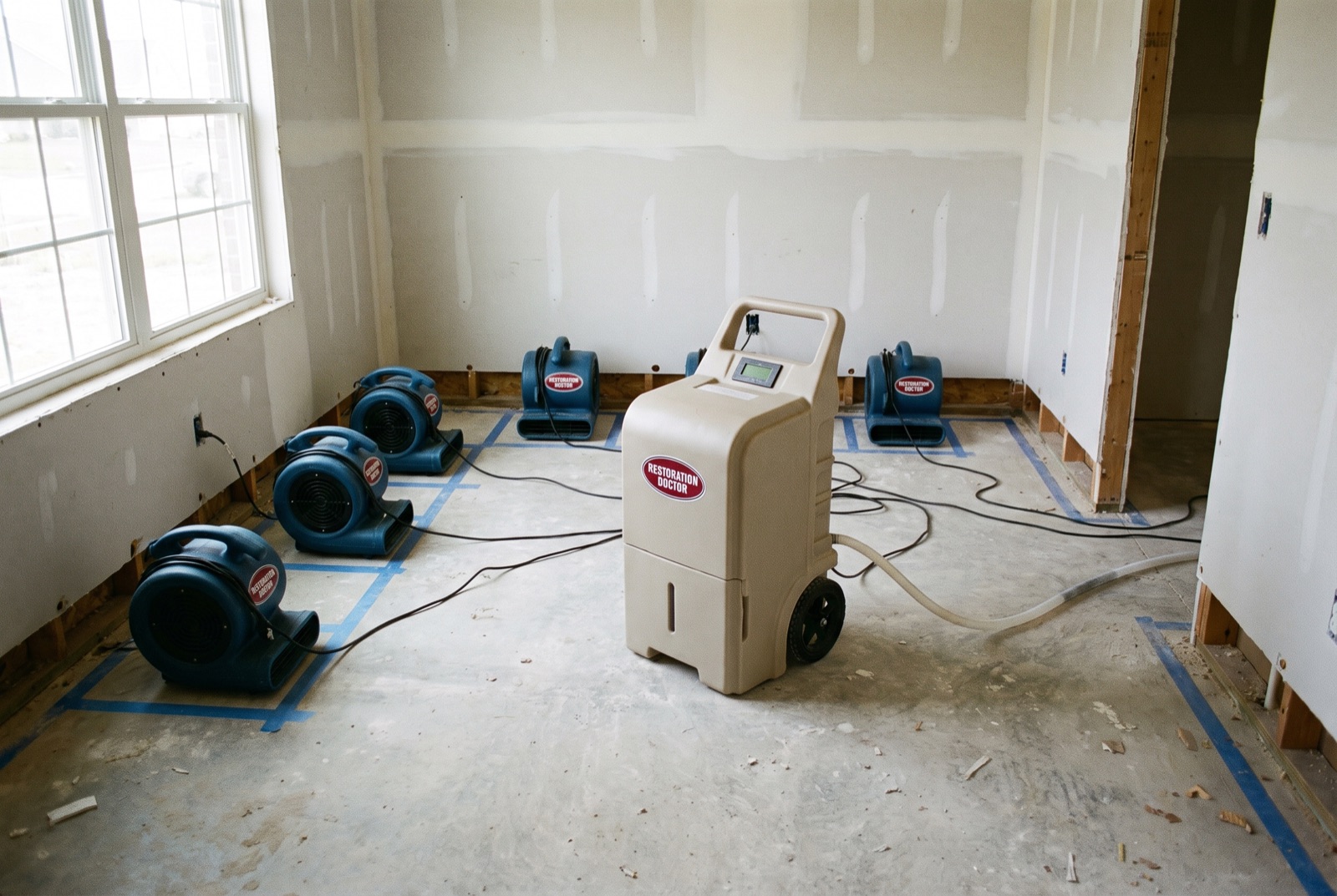 Air movers and LGR dehumidifier positioned during structural drying — illustrating: how do I keep my pipes from freezing