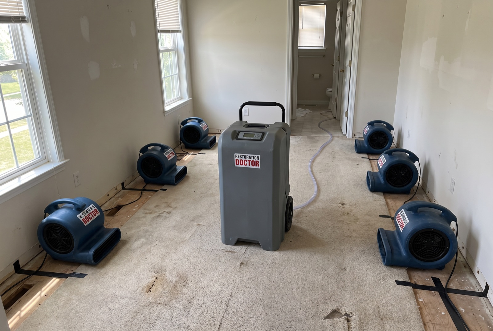 Air movers and LGR dehumidifier positioned during structural drying — illustrating: what does a burst pipe sound like