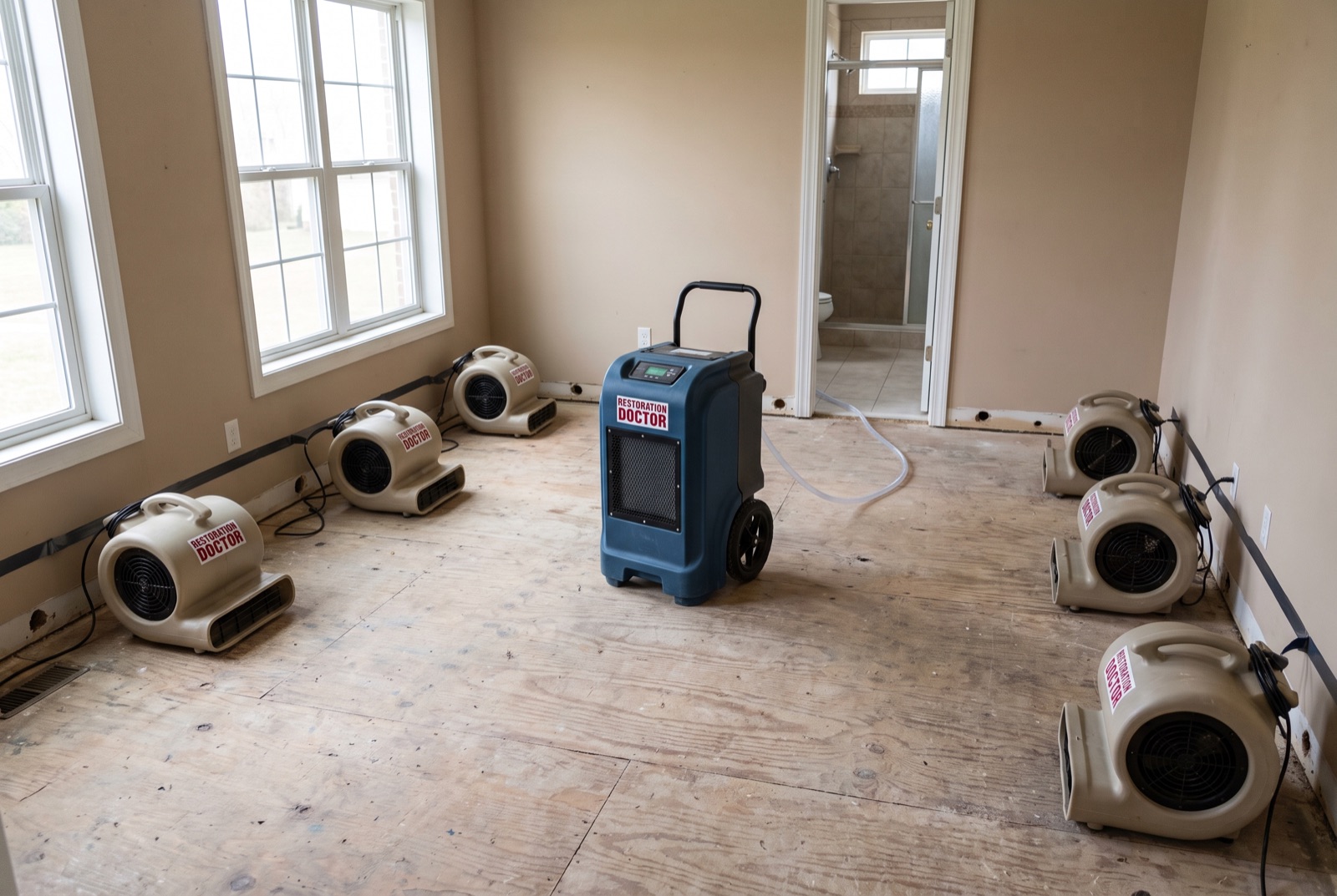 Air movers and LGR dehumidifier positioned during structural drying — illustrating: how long does it take for water to cause damage